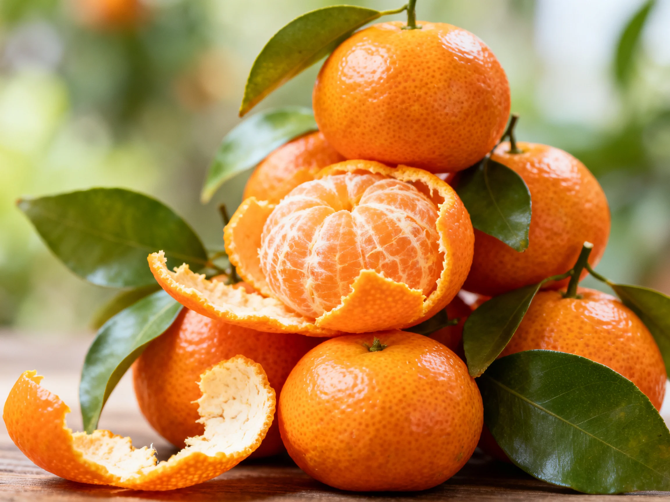 A pile of bright orange tangerines with peeled sections and green leaves