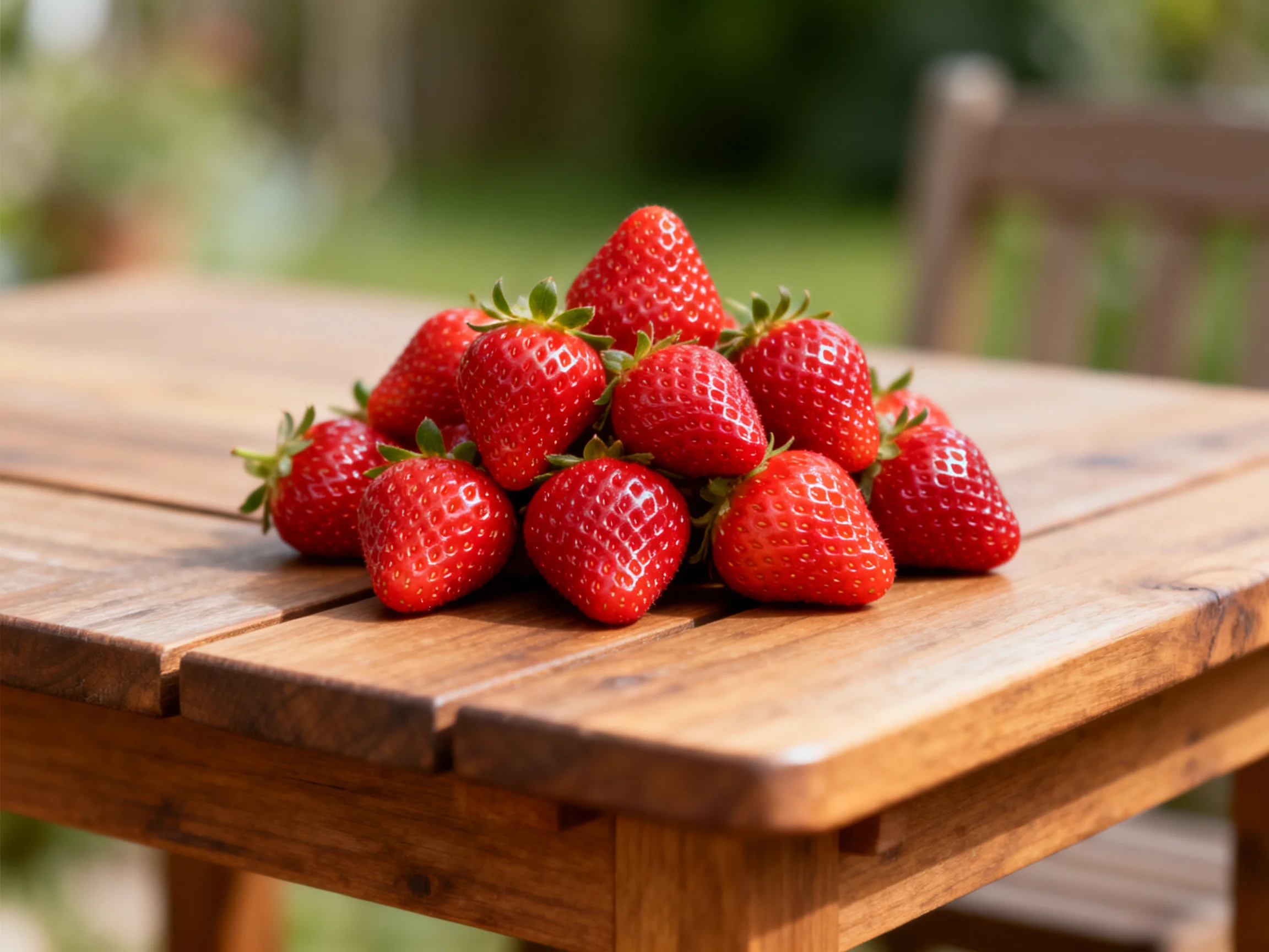 A pile of bright red strawberries arranged on a wooden outdoor table