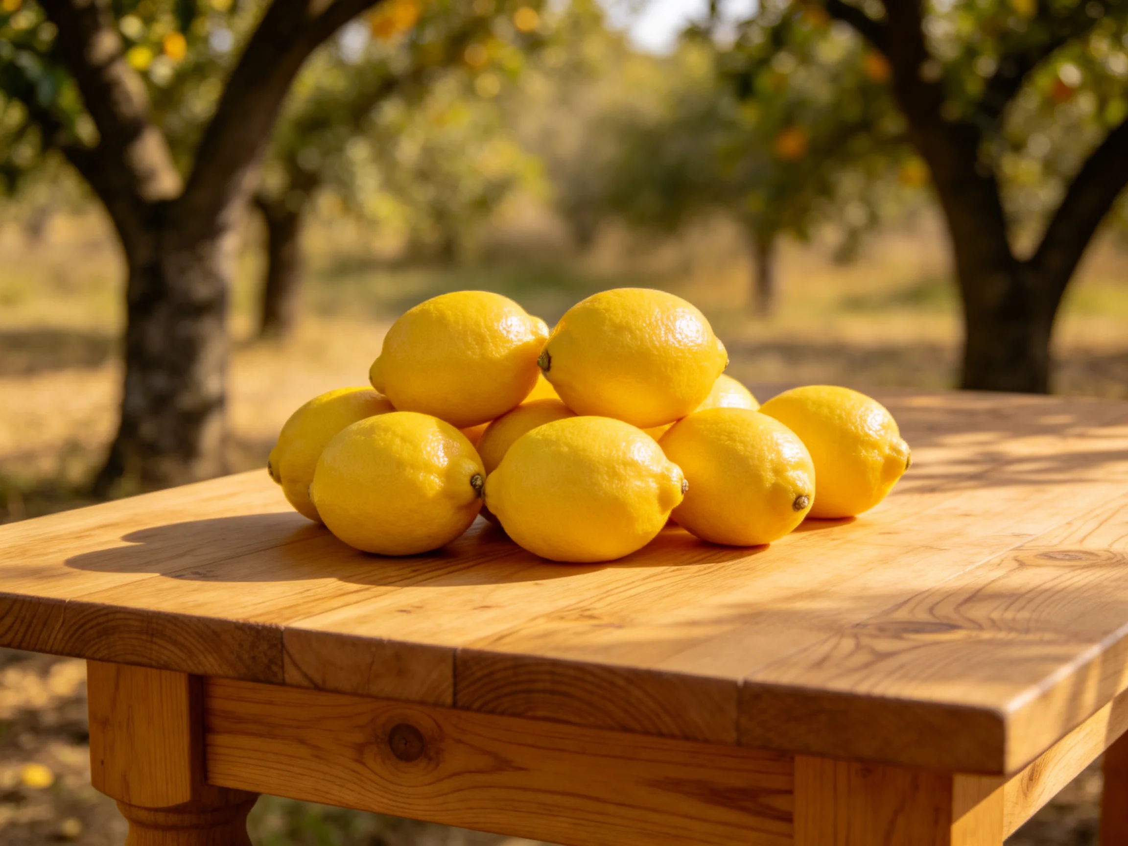 A pile of bright yellow lemons sits atop a polished wooden table in an orchard