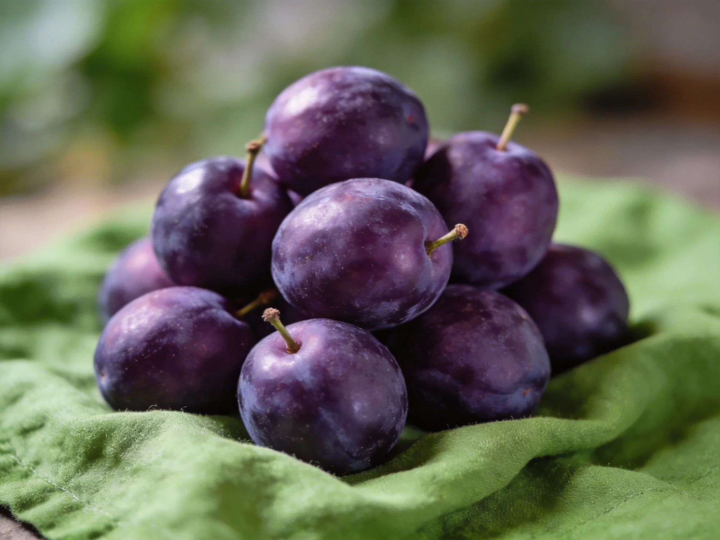 A pile of deep purple plums arranged on a green cloth