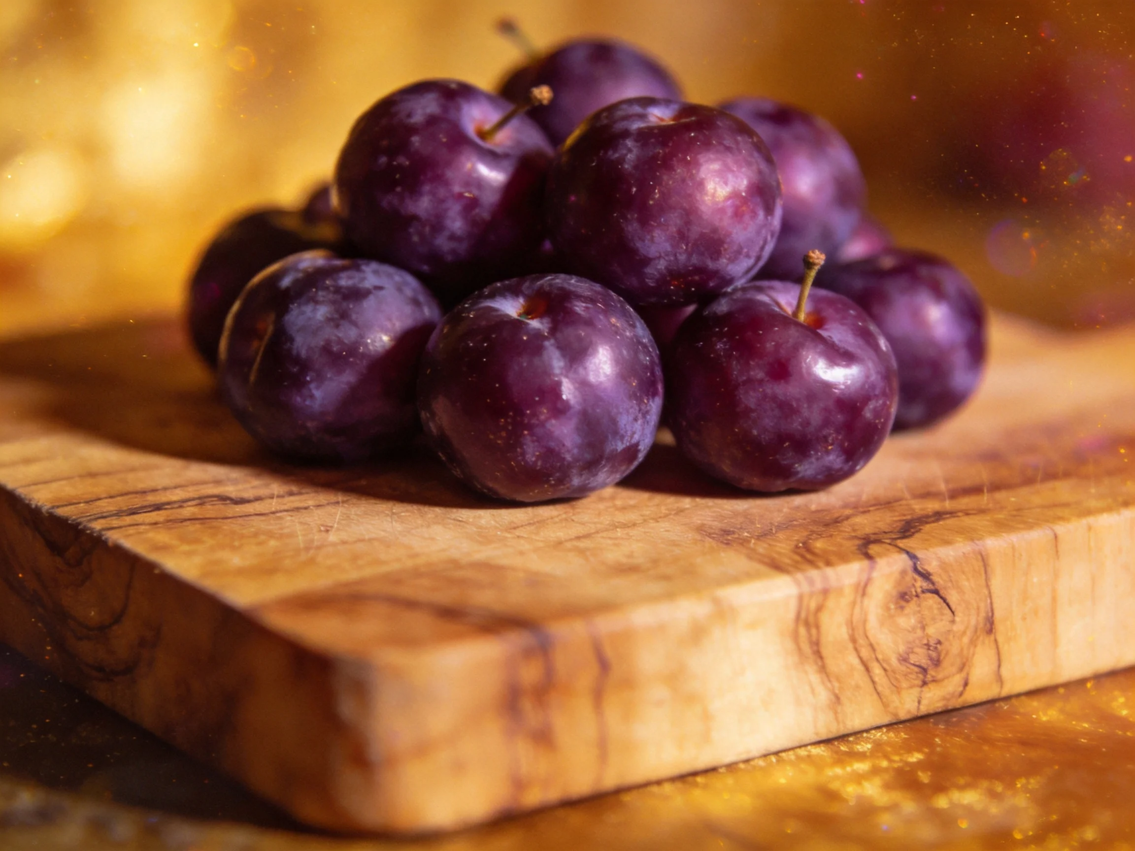 A pile of deep purple plums arranged on a wooden cutting board