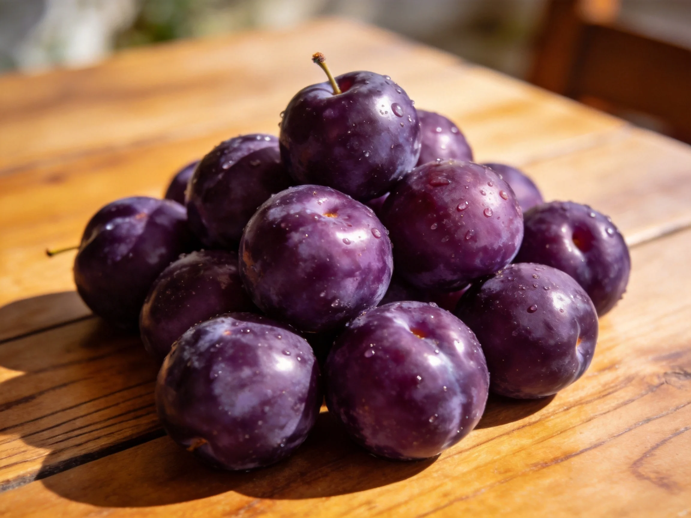 A pile of deep purple plums stacked on a wooden table
