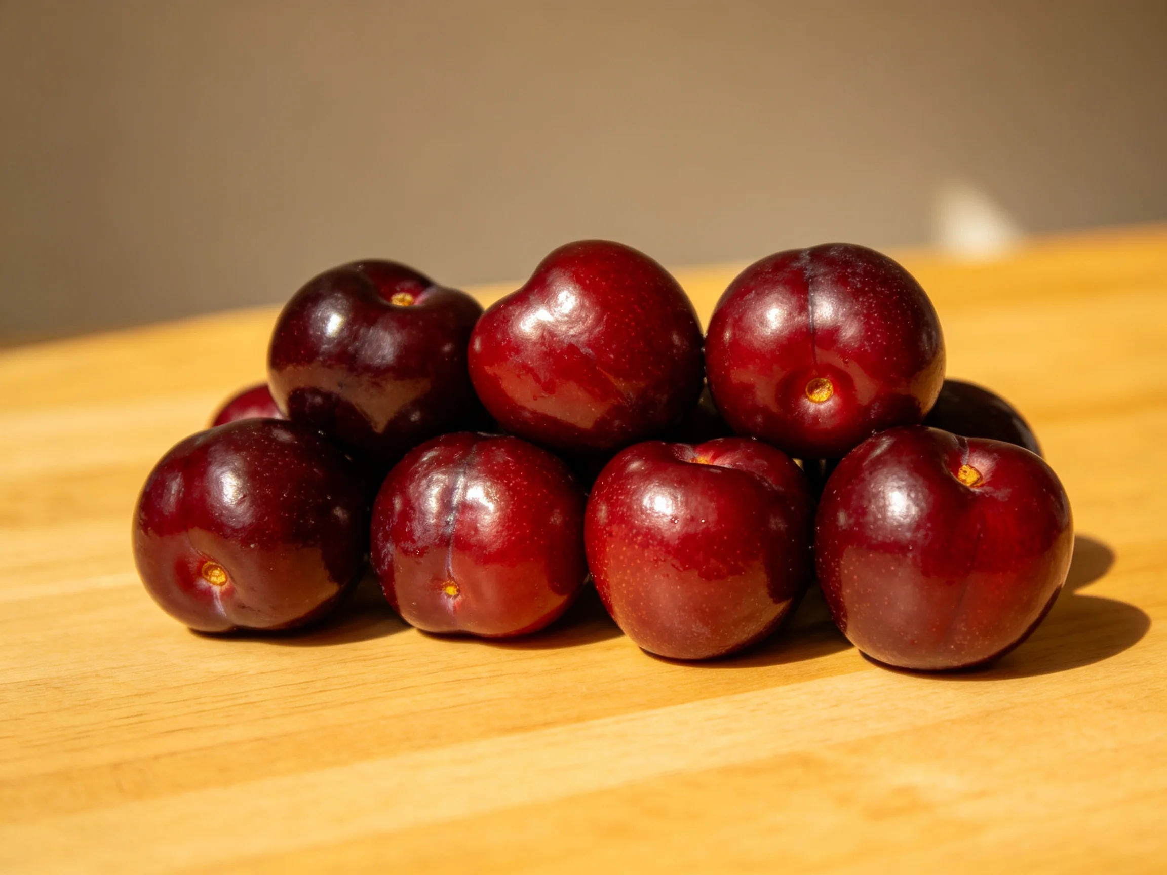 A pile of deep red plums arranged on a light wooden surface