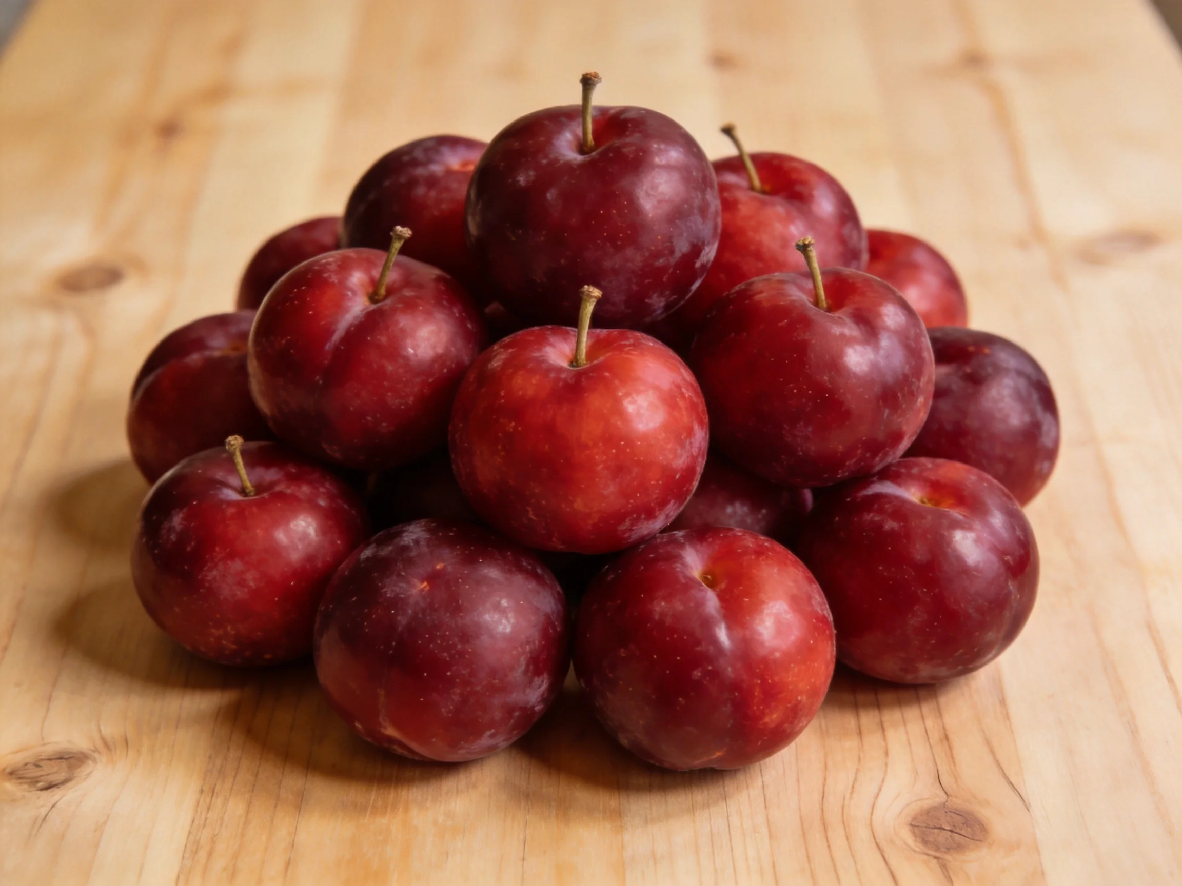 A pile of deep red plums arranged on a wooden surface
