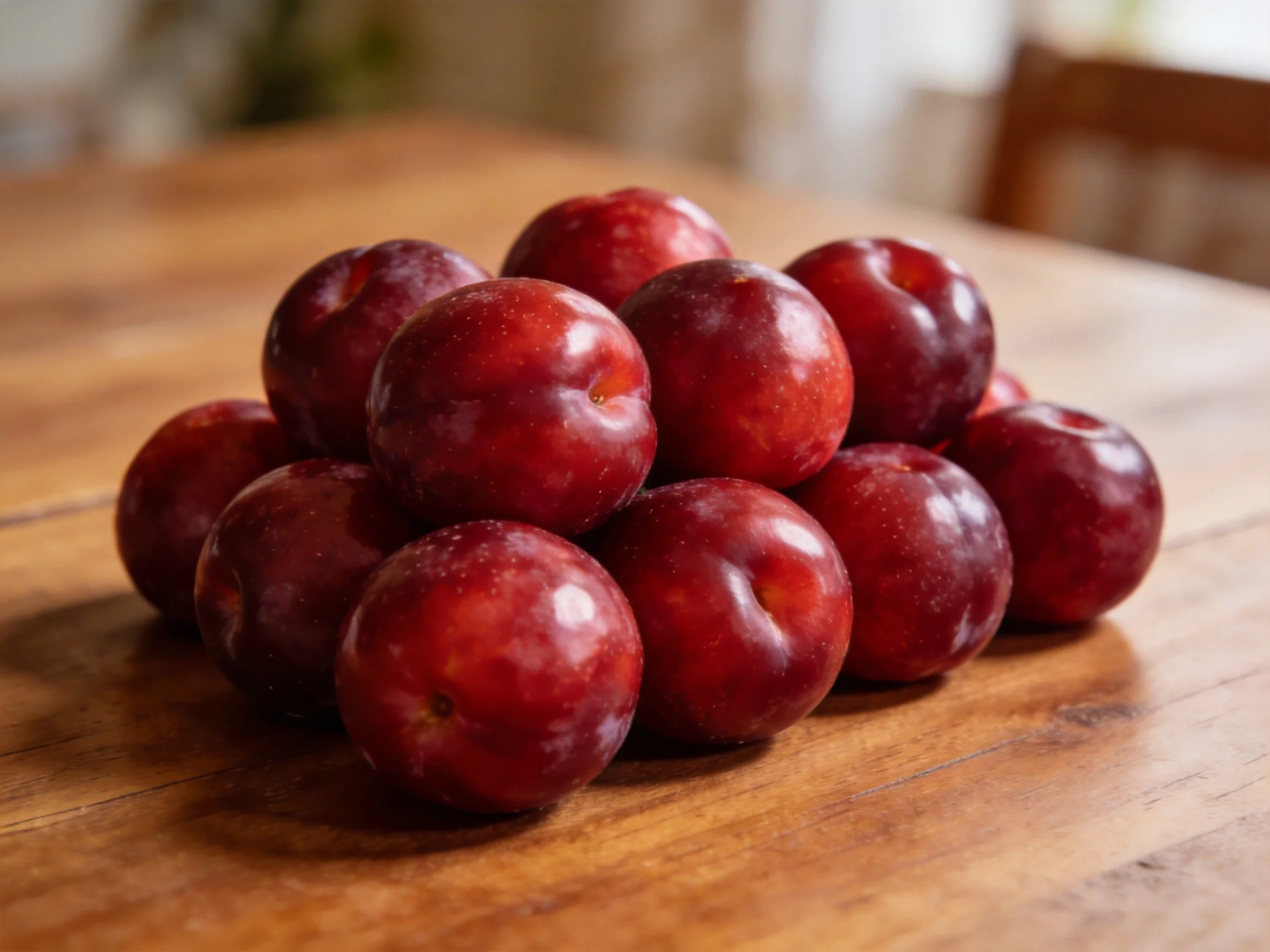 A pile of deep red plums arranged on a wooden surface