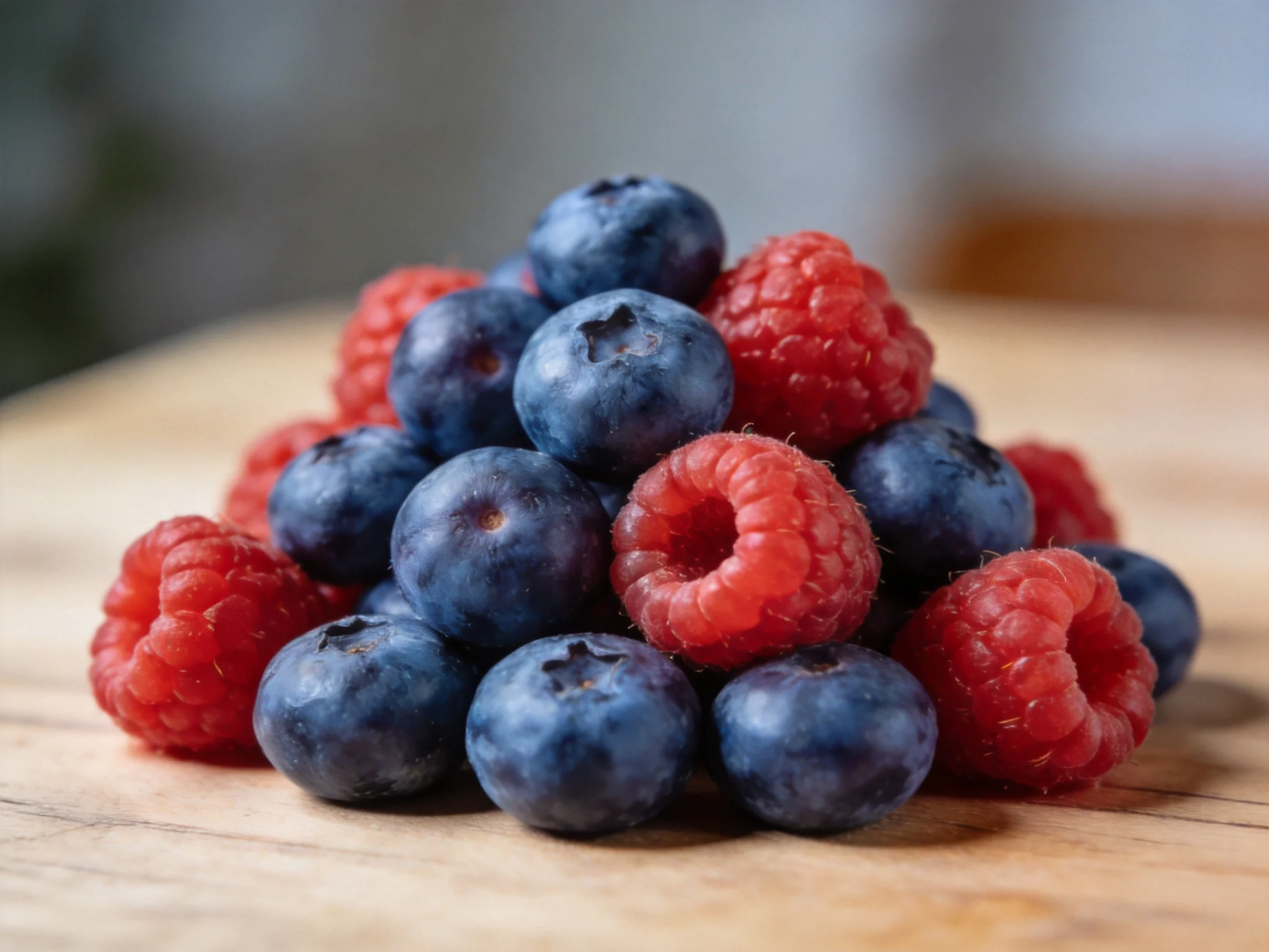 A pile of fresh blueberries and raspberries on a wooden surface