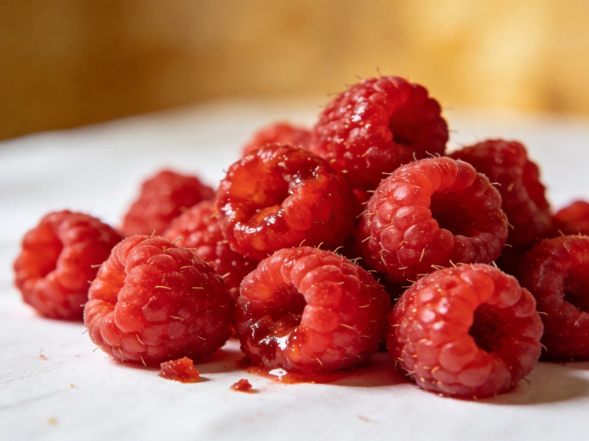 A pile of fresh red raspberries on a white plate