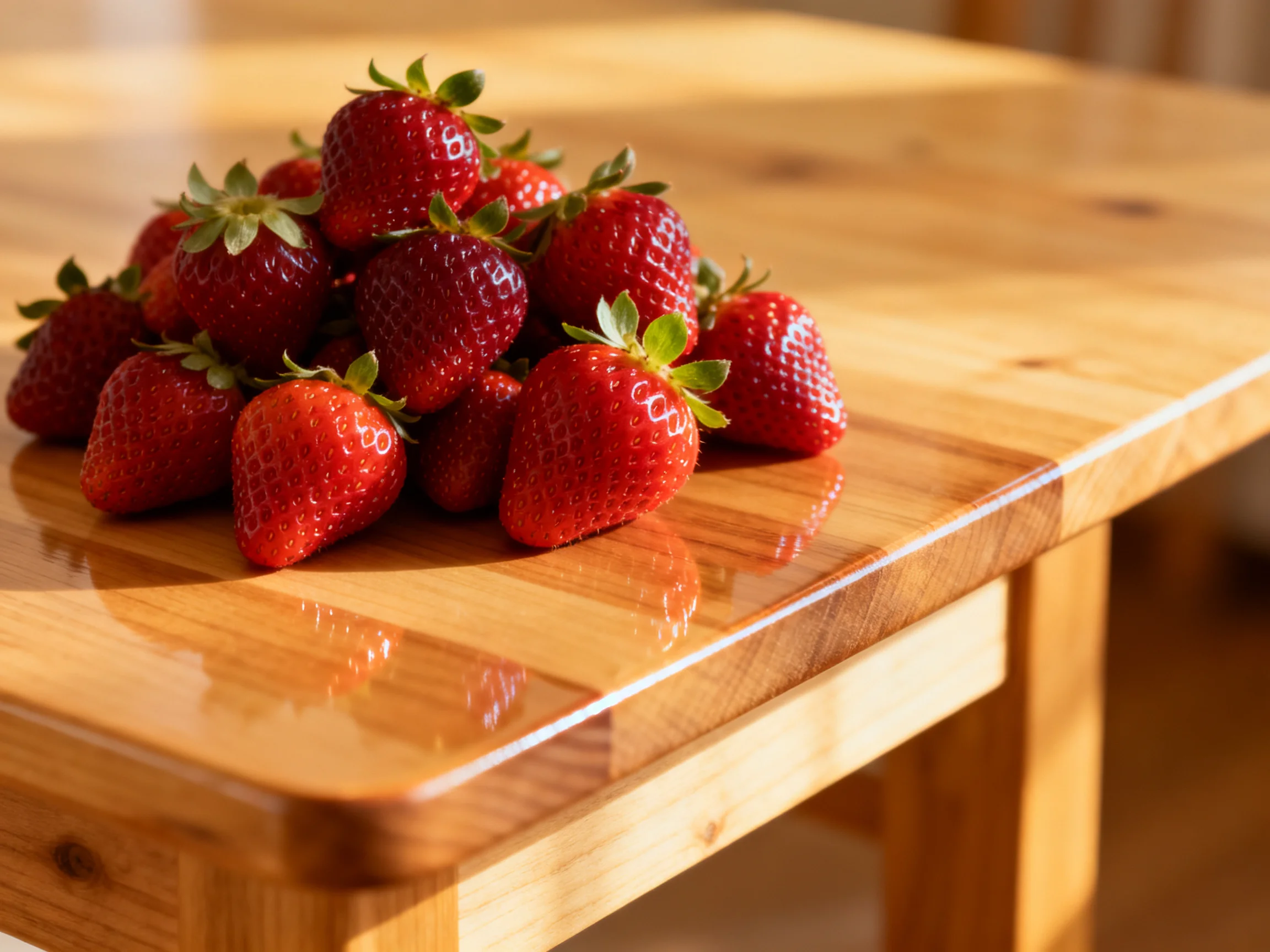 A pile of fresh red strawberries on a polished wooden table