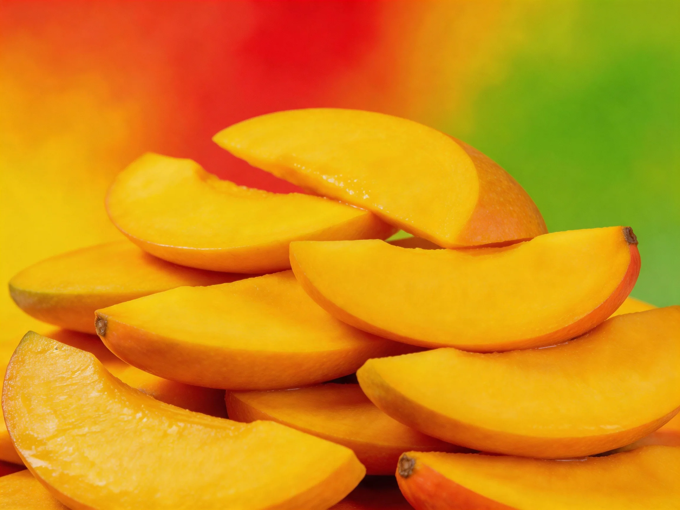 A pile of freshly sliced mango wedges with a colorful blurred background