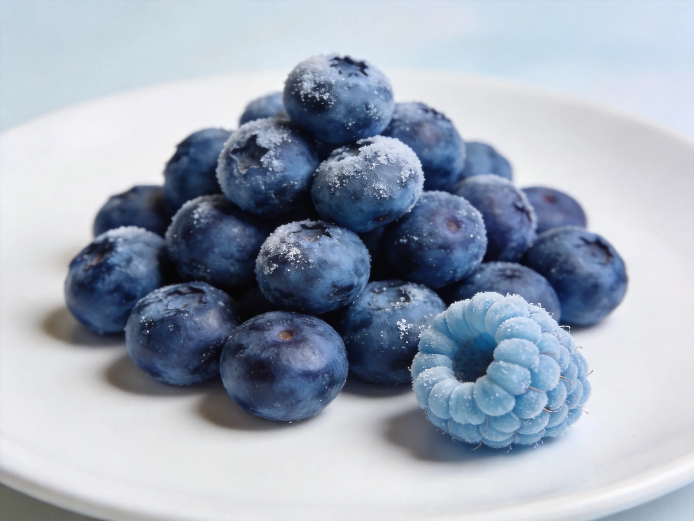 A pile of frosty blueberries with one icy raspberry on a white plate