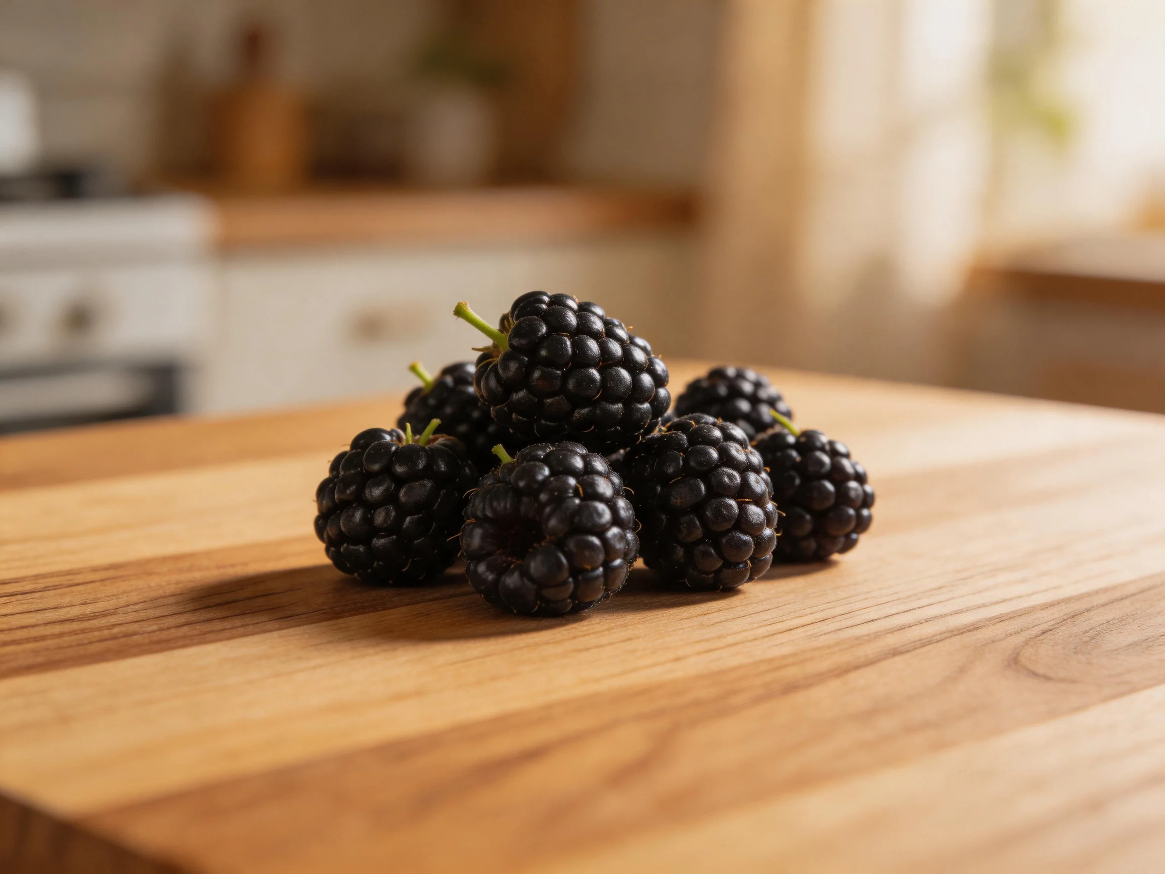 A pile of glossy blackberries rests on a polished wooden countertop