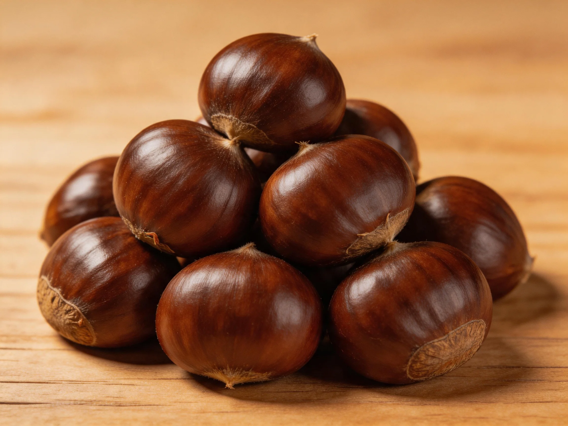 A pile of glossy brown chestnuts arranged on a wooden surface