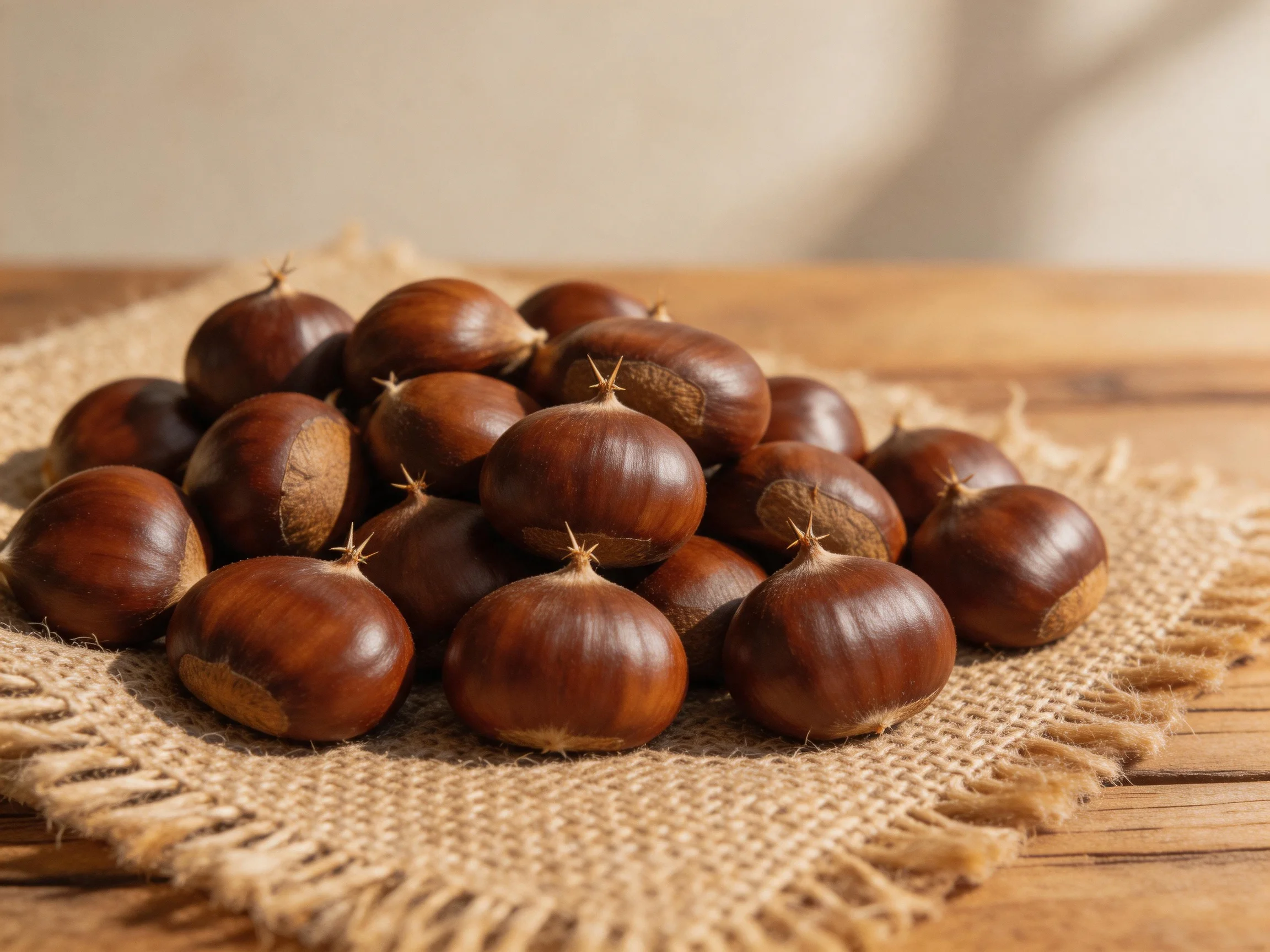 A pile of glossy brown chestnuts on a burlap cloth over wood
