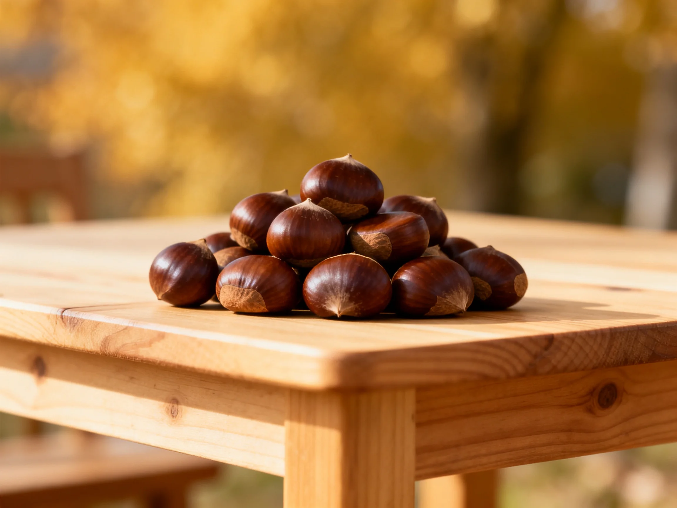 A pile of glossy brown chestnuts rests on a light wood outdoor table