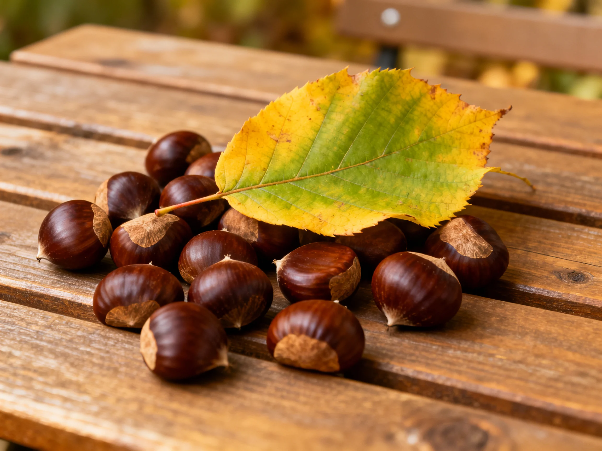 A pile of glossy brown chestnuts with a yellow-green leaf on wood