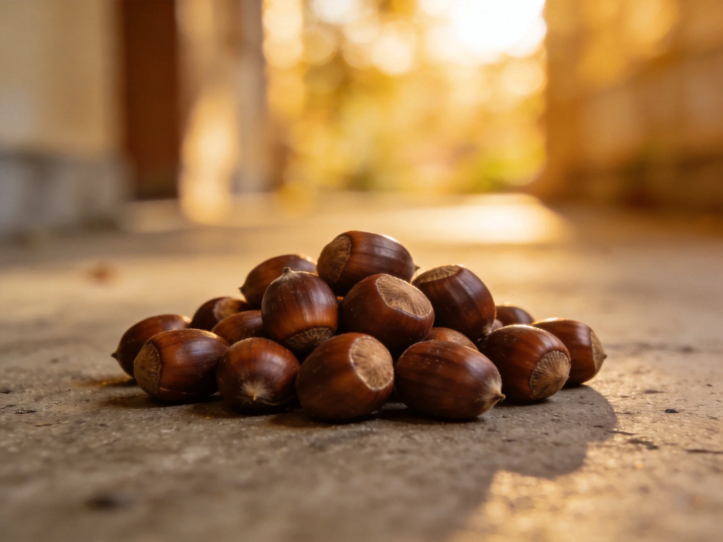 A pile of glossy brown hazelnuts on a sunlit concrete path