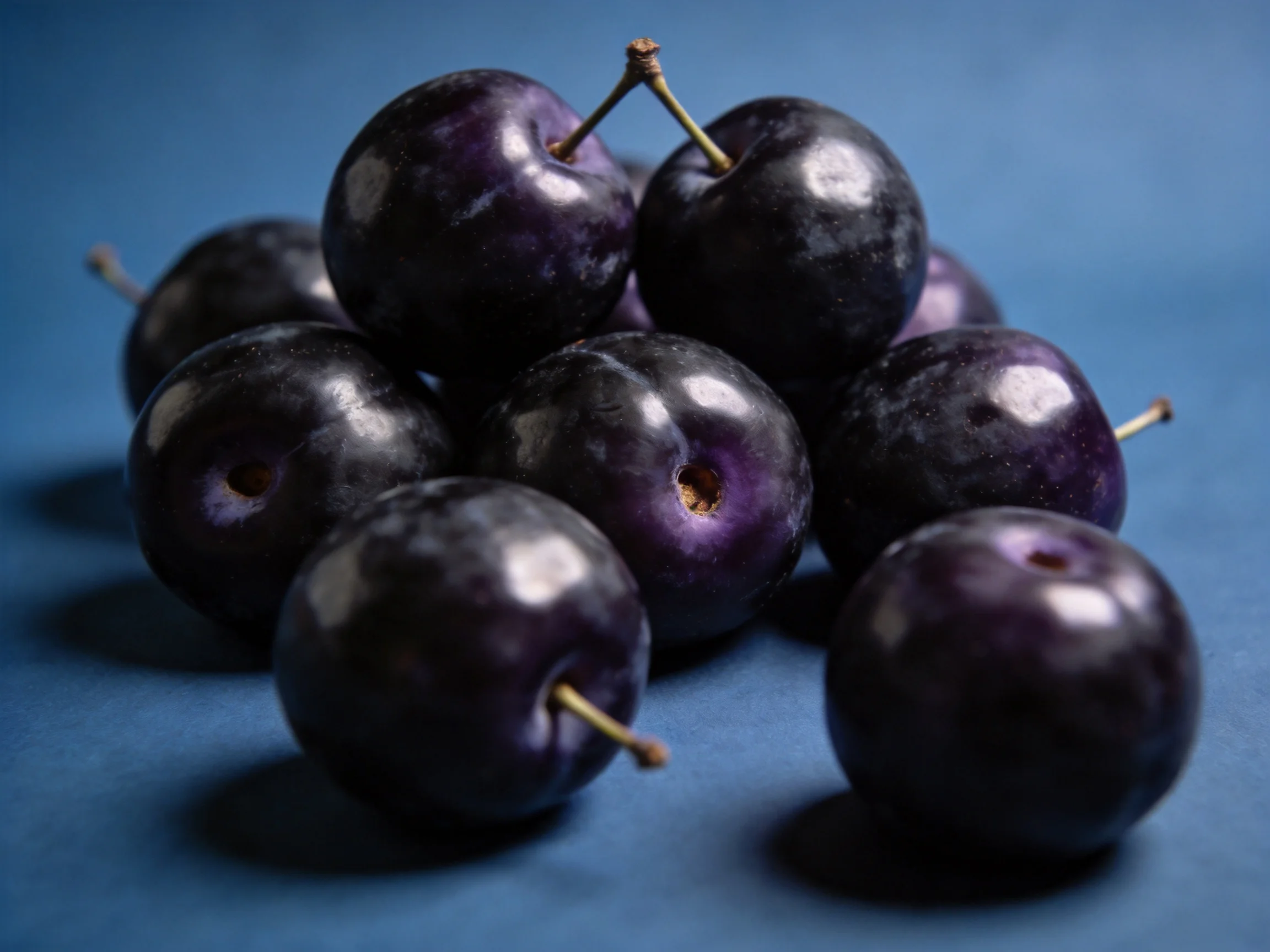 A pile of glossy dark purple plums arranged on a solid blue backdrop