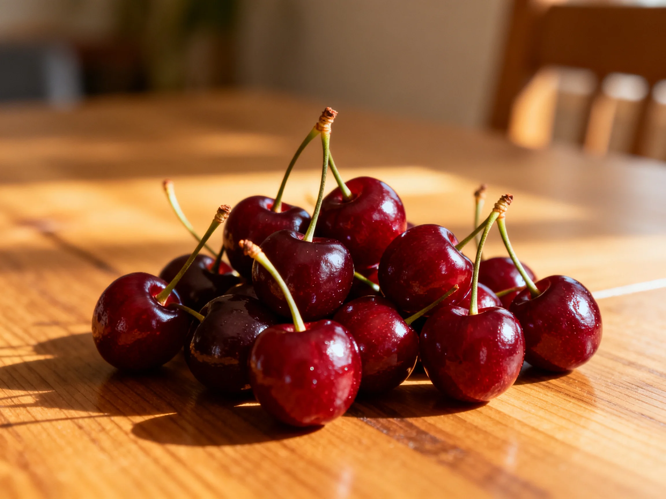 A pile of glossy dark red cherries arranged on a wooden table