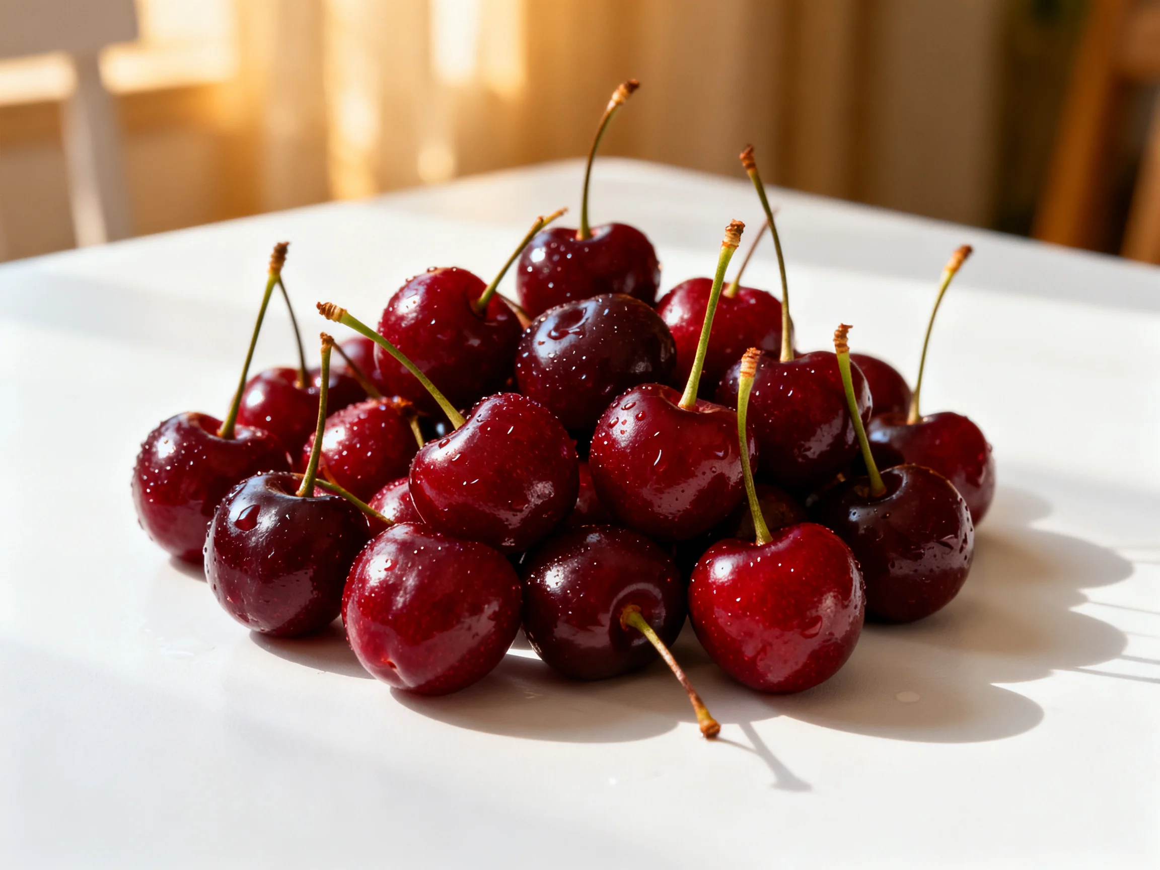 A pile of glossy dark red cherries on a white surface