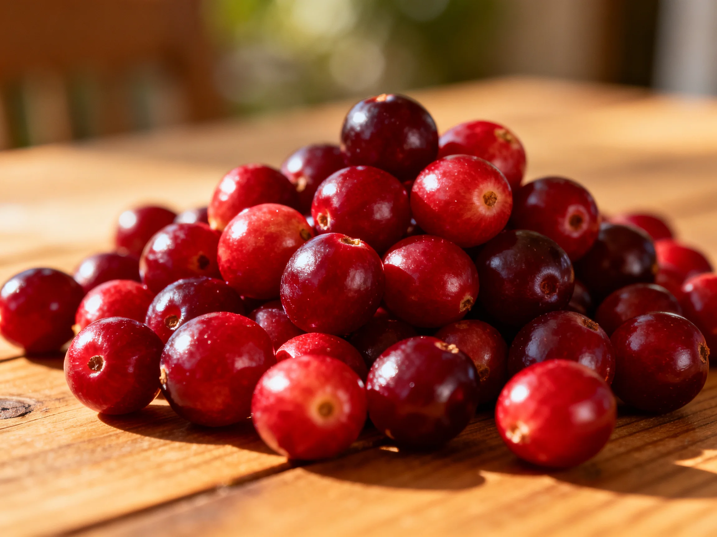 A pile of glossy red and dark purple cranberries on a wooden surface