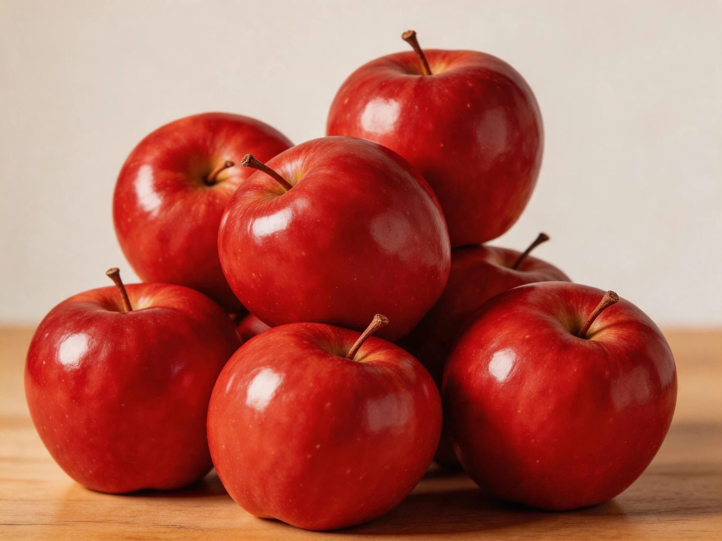 A pile of glossy red apples stacked in a pyramid