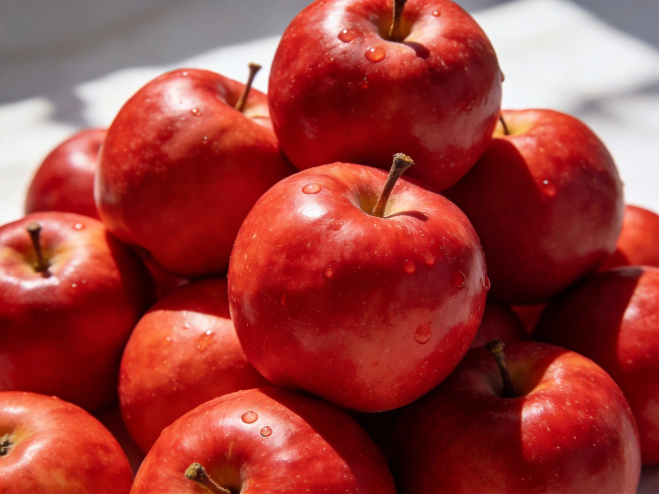 A pile of glossy red apples with water droplets