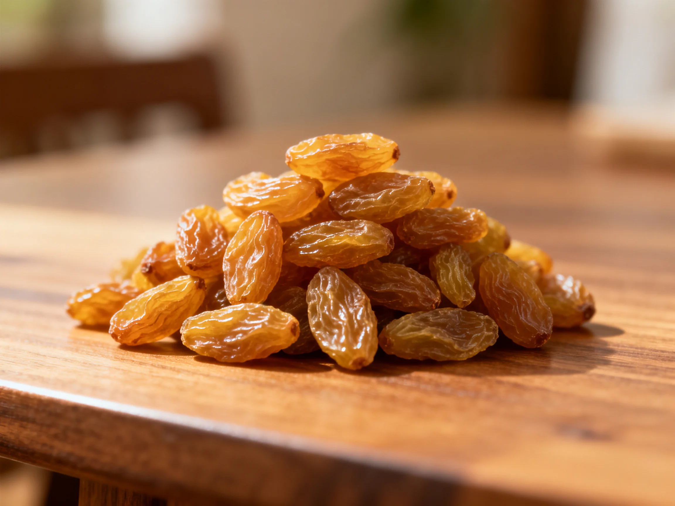 A pile of golden raisins resting on a wooden table