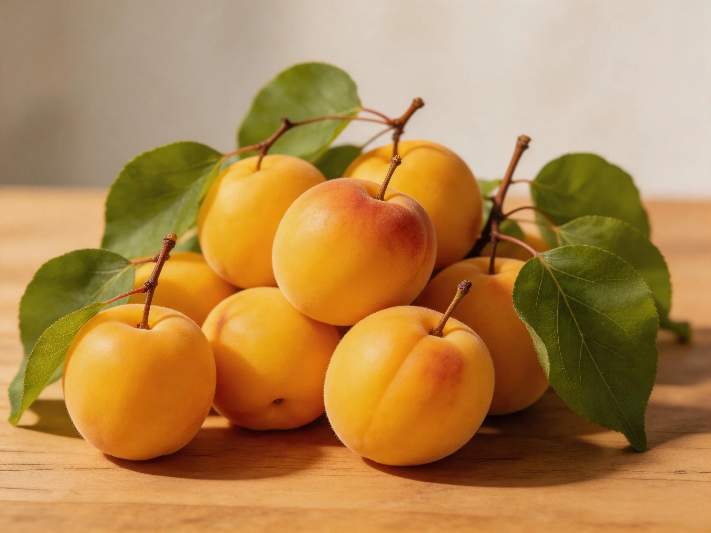 A pile of golden-yellow apricots with green leaves on a wooden table
