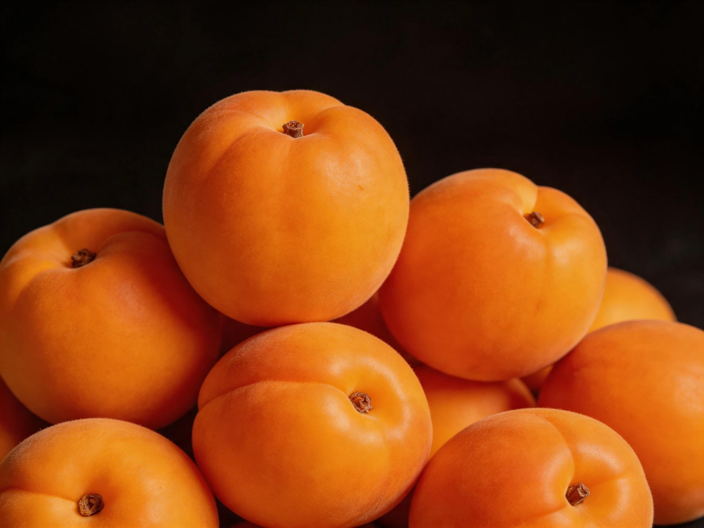 A pile of numerous ripe apricots stacked on a dark background