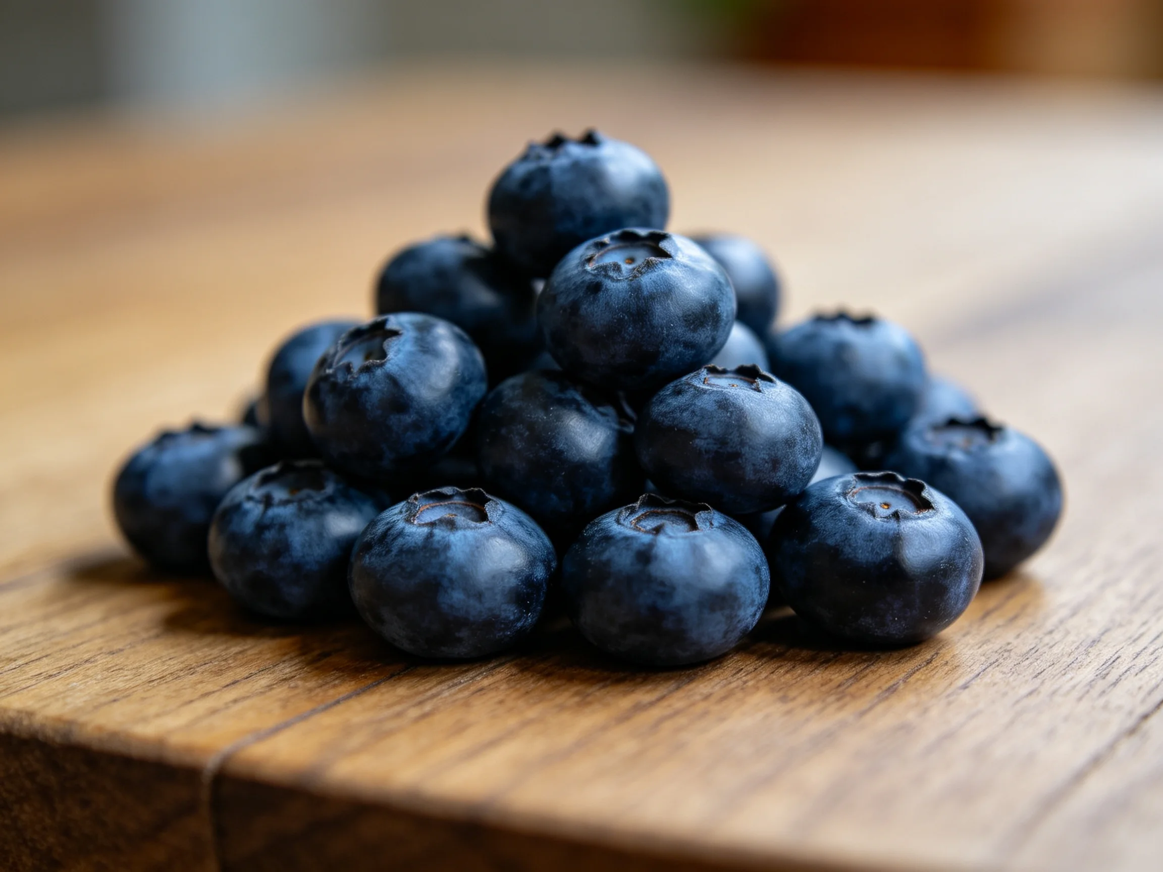 A pile of plump dark-blue blueberries on a wooden cutting board