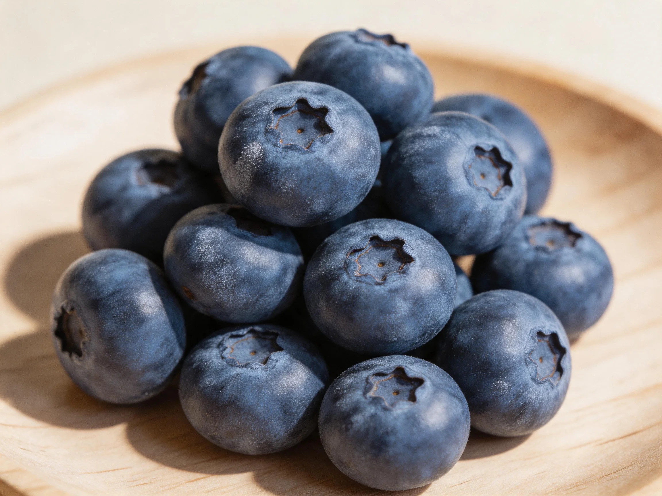 A pile of plump, deep-blue blueberries on a light wooden plate