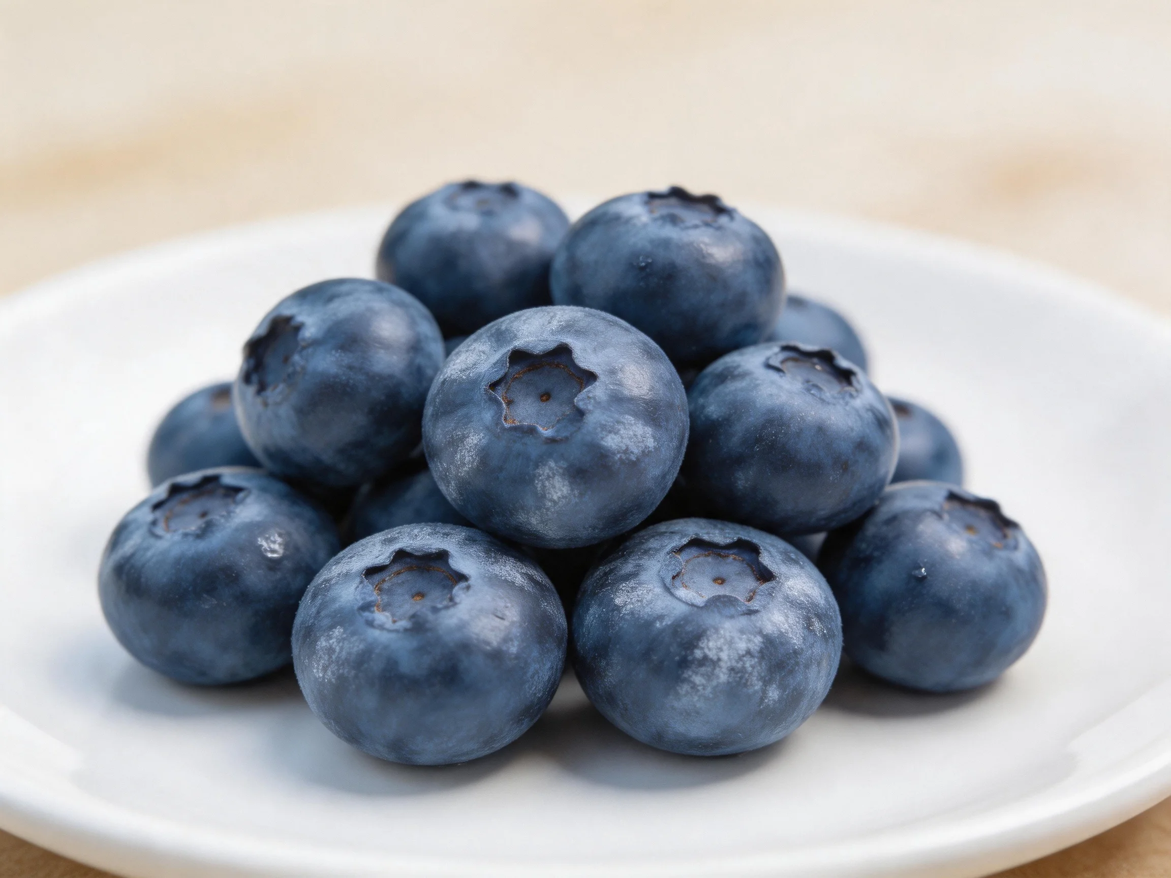 A pile of plump, deep-blue fresh blueberries on a white plate