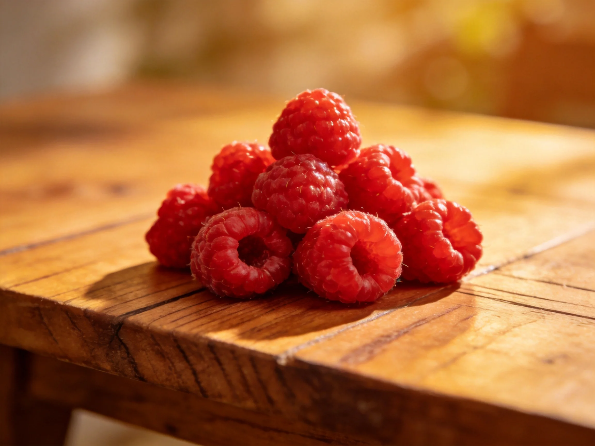 A pile of plump red raspberries on a wooden table