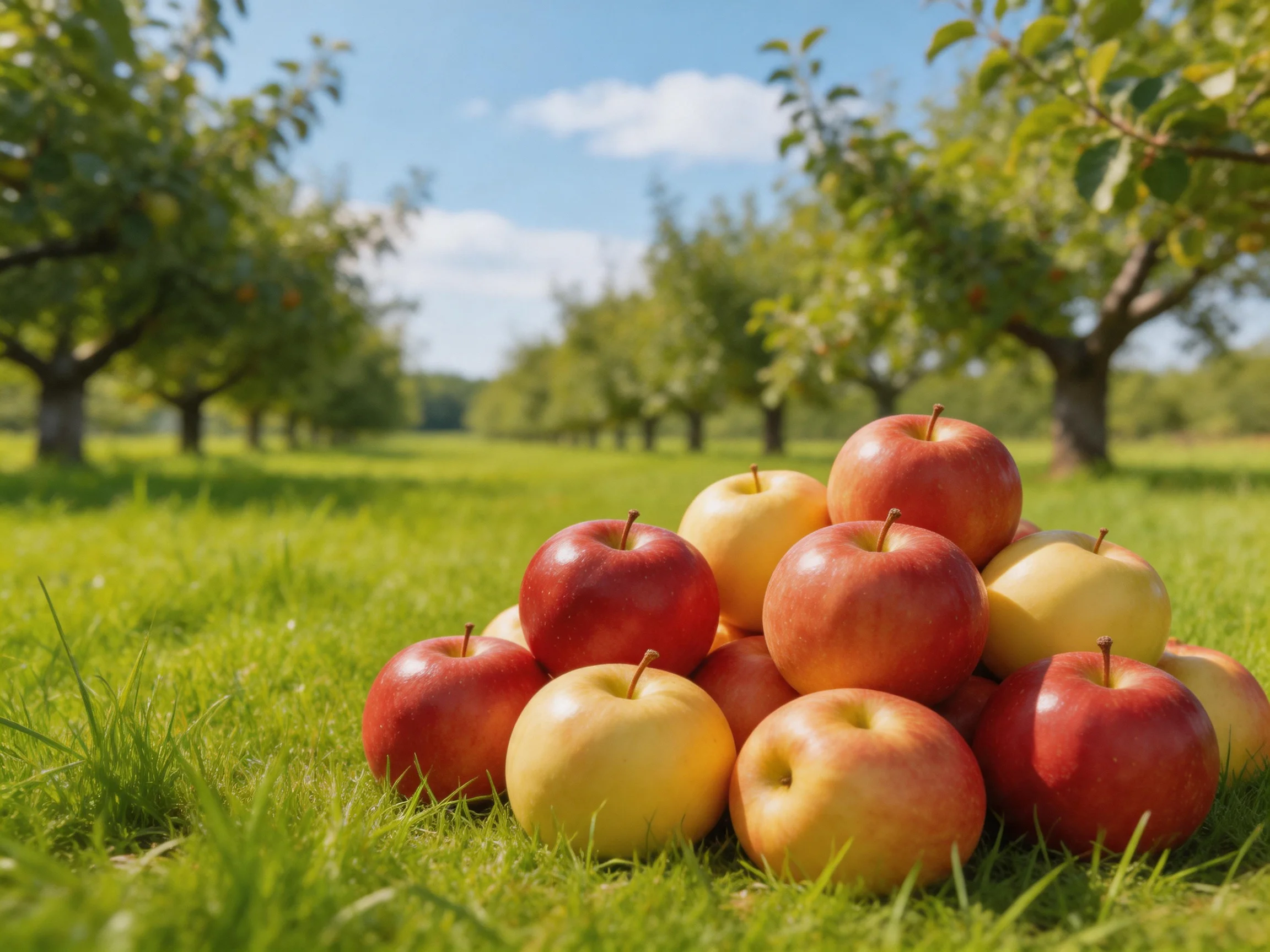 A pile of red and golden apples rests on lush green grass near an orchard