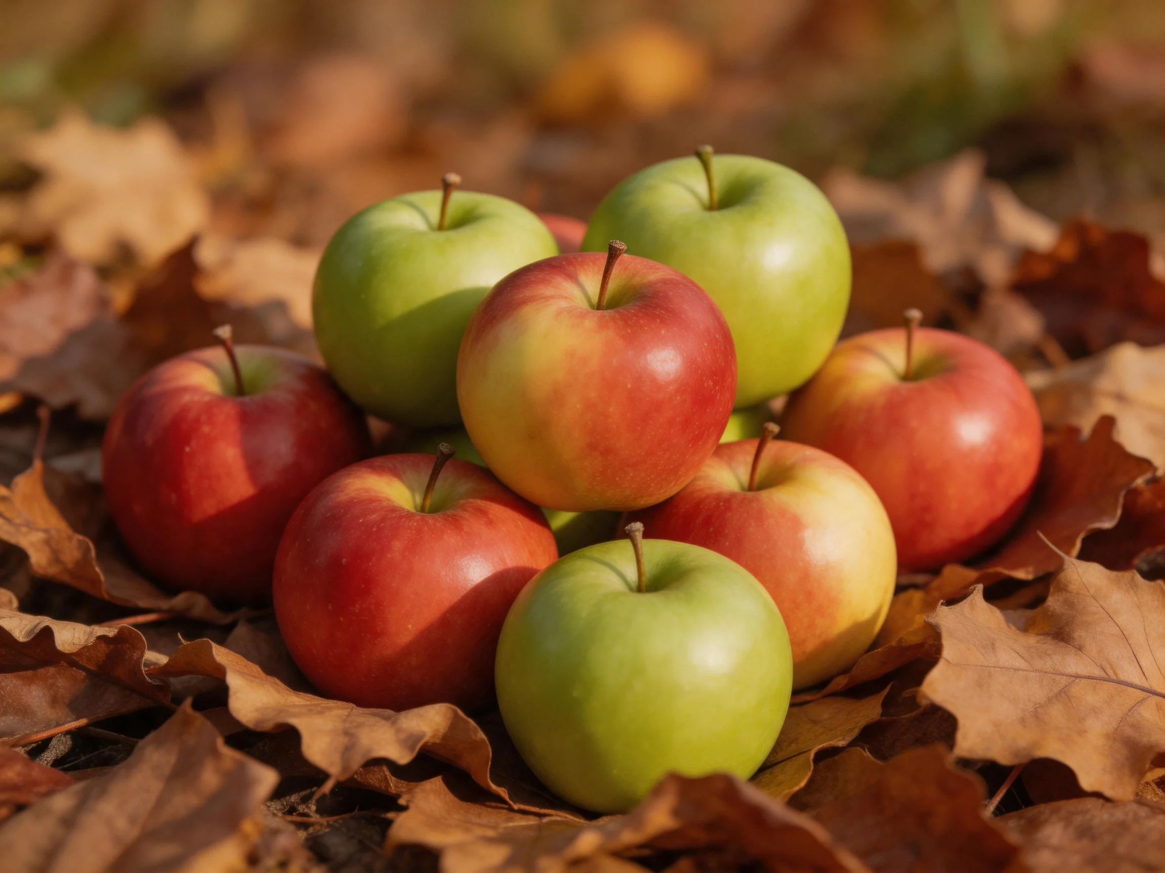 A pile of red and green apples arranged among brown autumn leaves