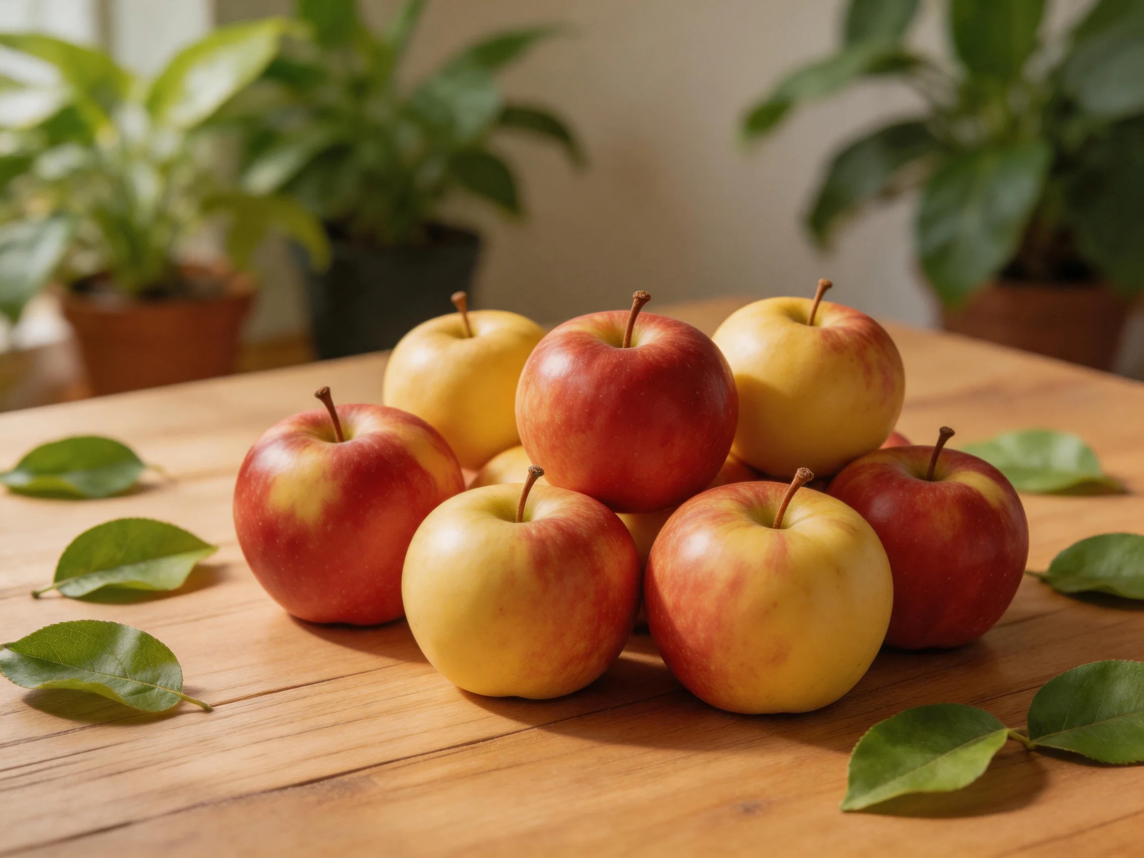 A pile of red and yellow apples arranged on a wooden table with potted plants