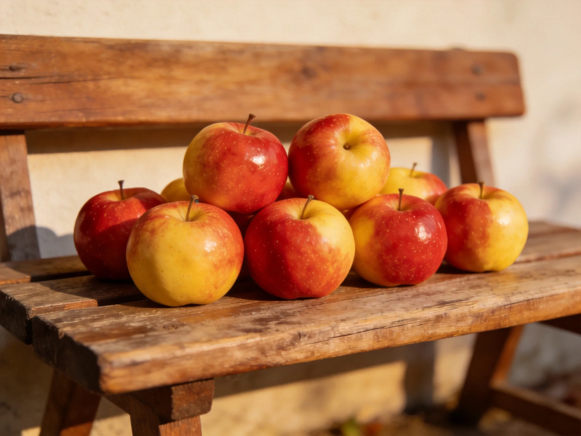 A pile of red and yellow apples sits atop an aged wooden bench