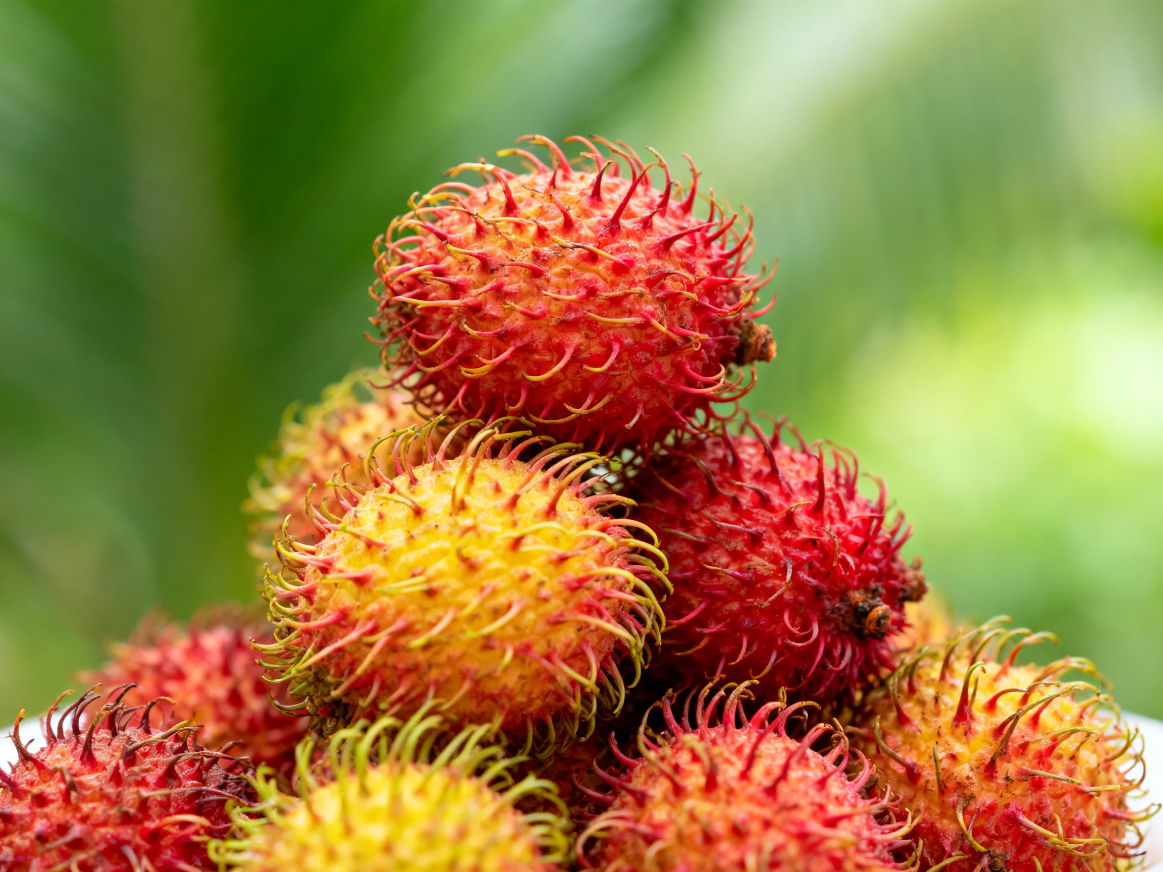 A pile of red and yellow rambutan fruits with spiky exteriors