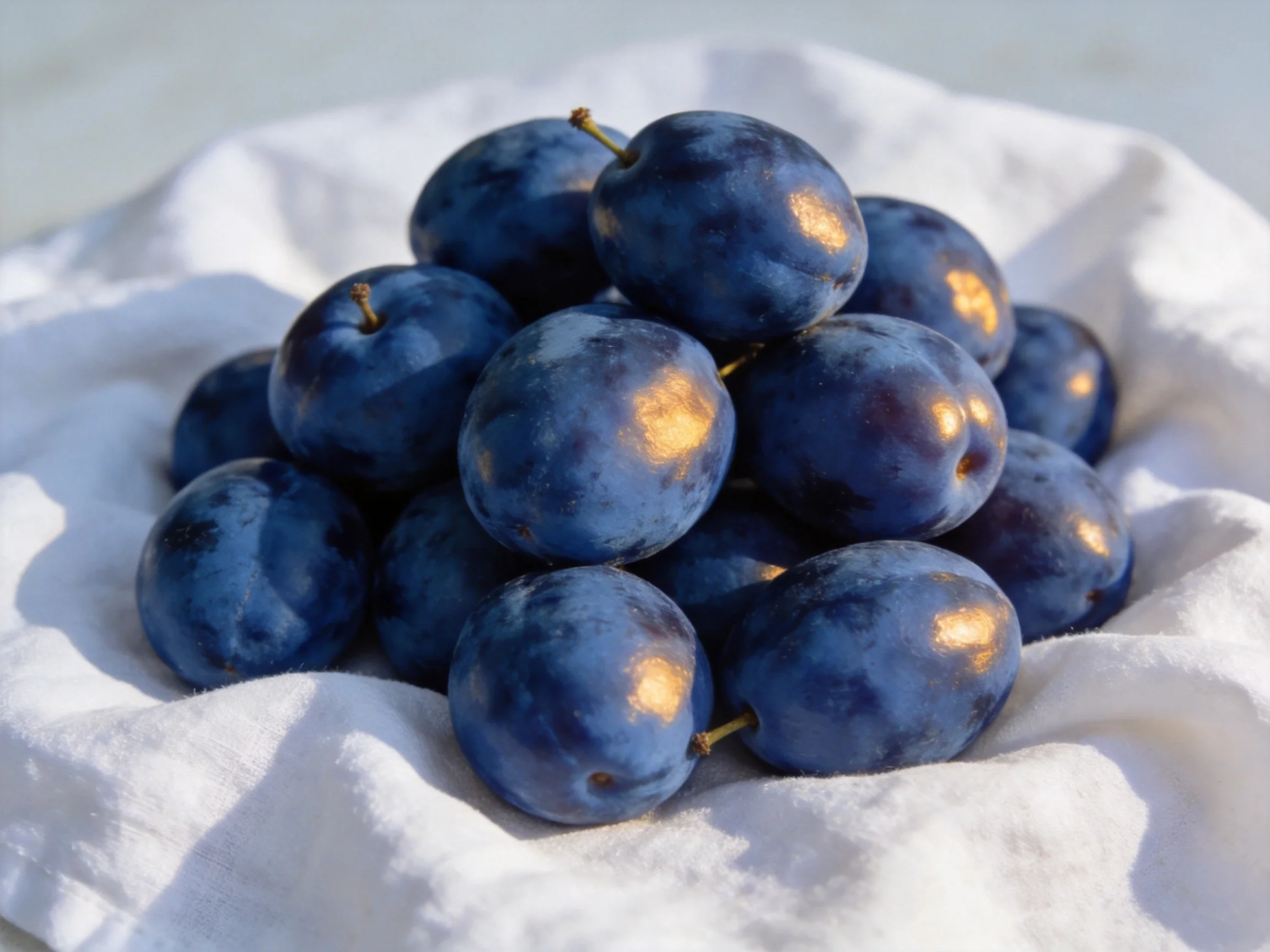 A pile of richly hued purple plums on a white cloth