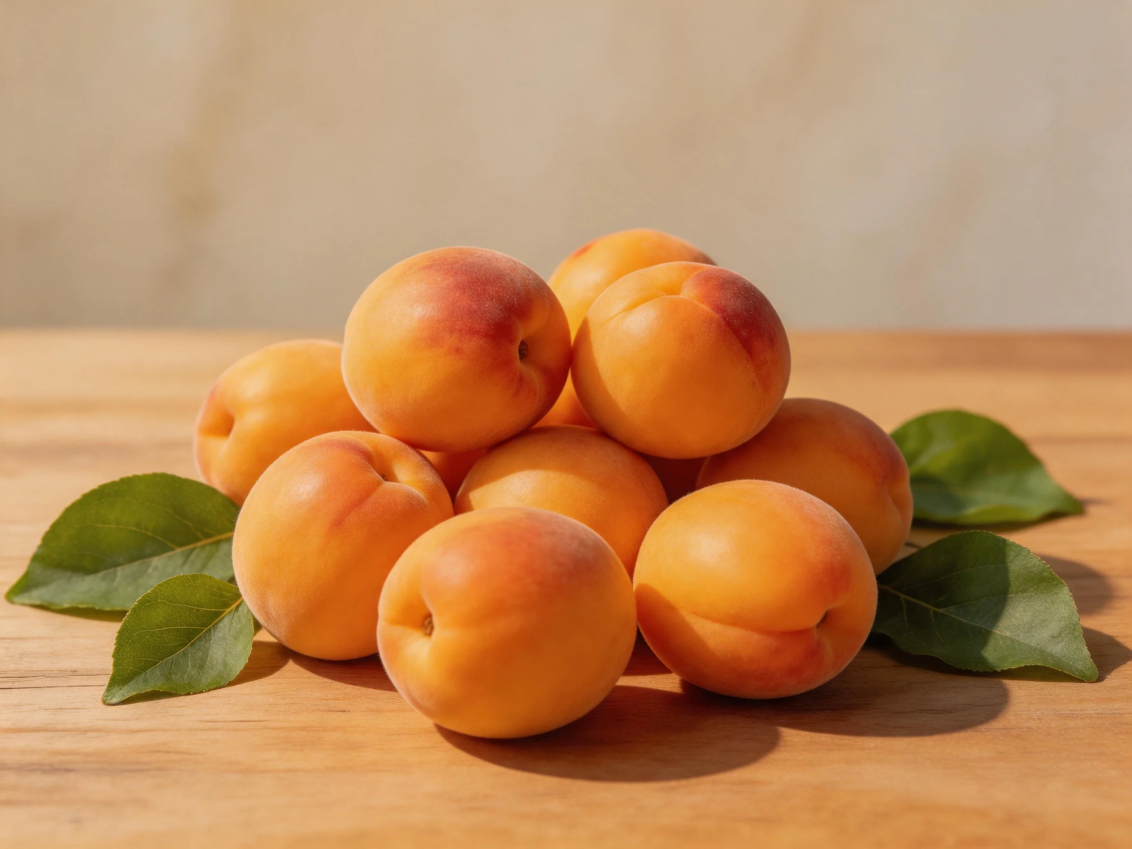 A pile of ripe apricots with green leaves on a wooden surface