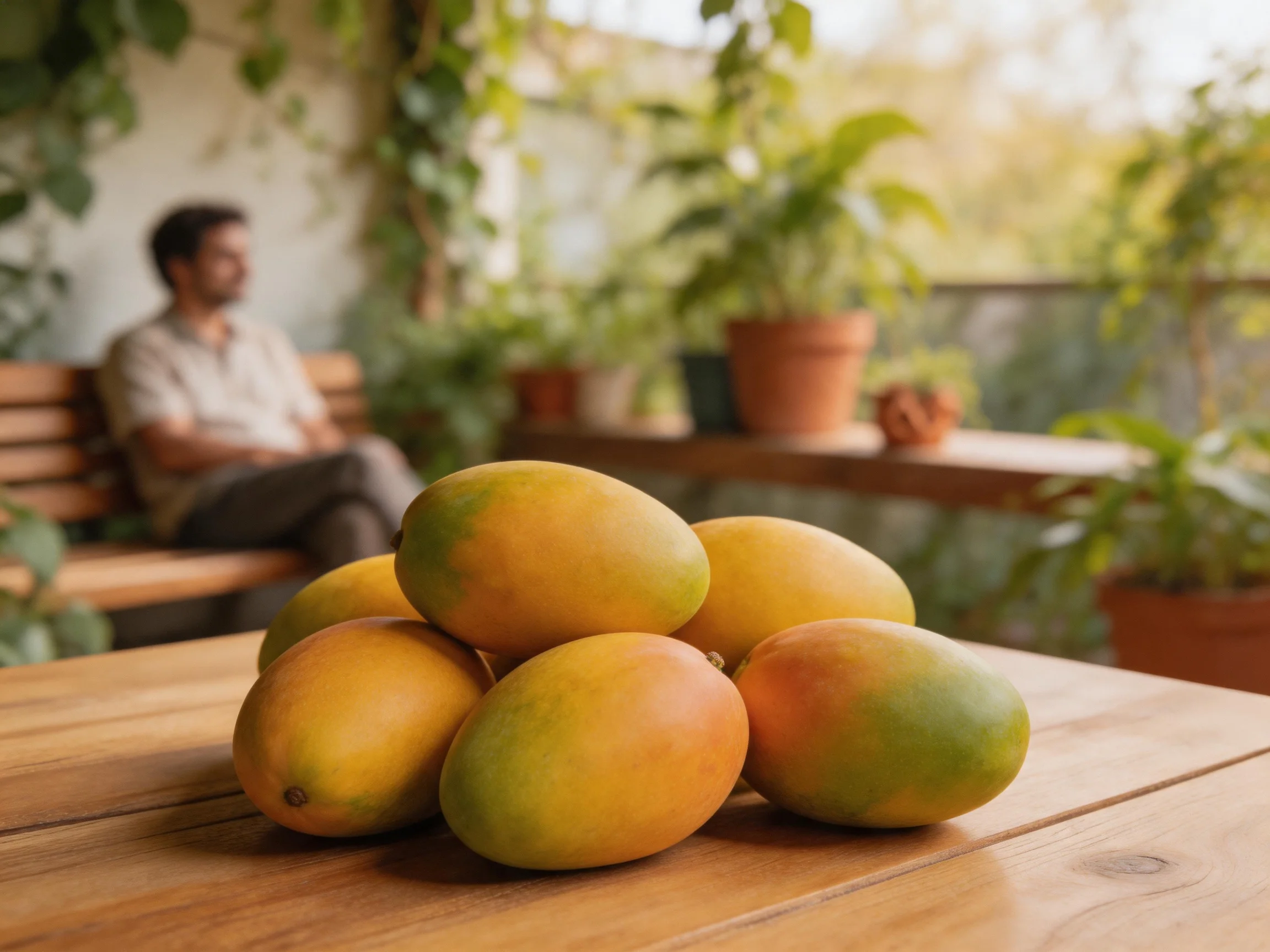 A pile of ripe mangoes rests on a wooden table in a sunlit garden space
