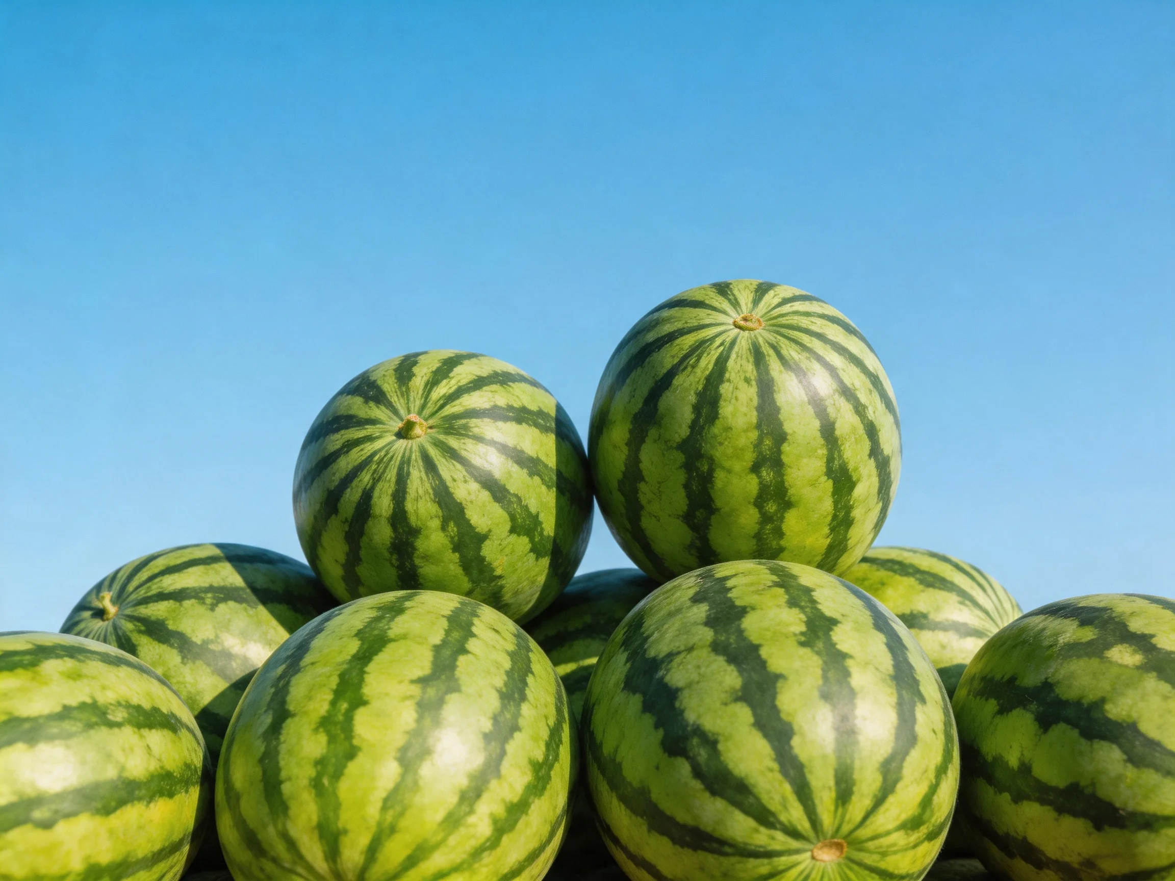 A pile of round green watermelons with dark stripes against bright blue sky