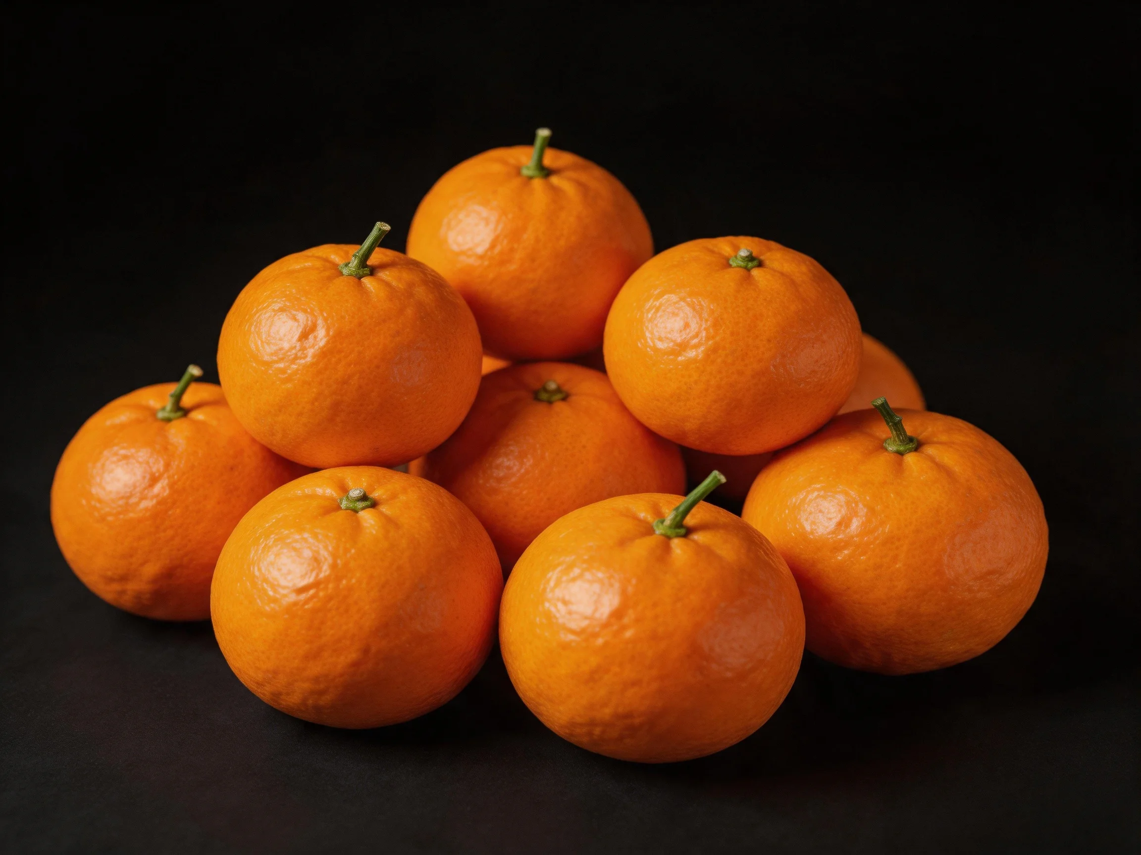 A pile of ten bright orange citrus fruits arranged in a pyramid