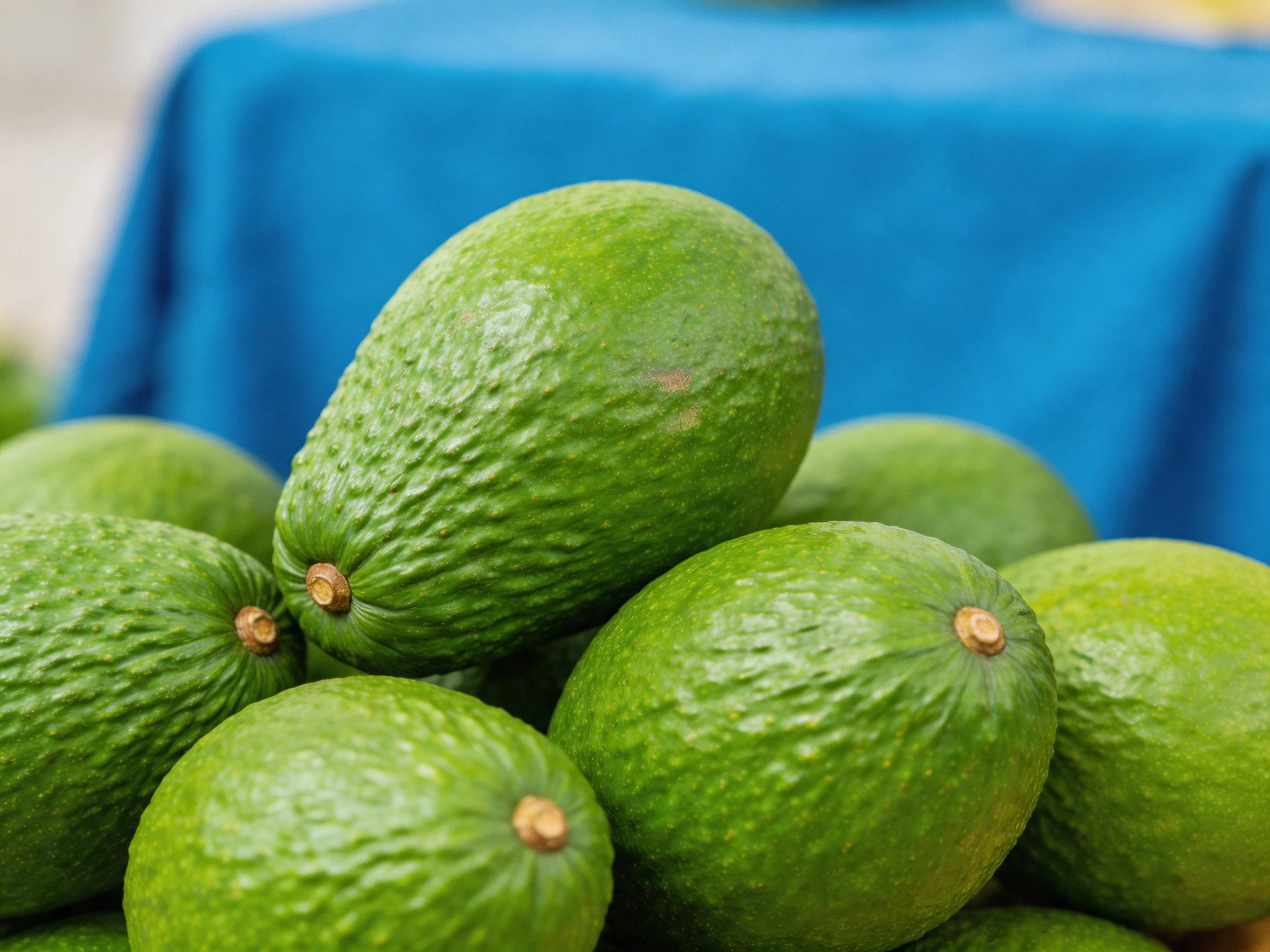 A pile of vibrant green avocados beside a blue cloth