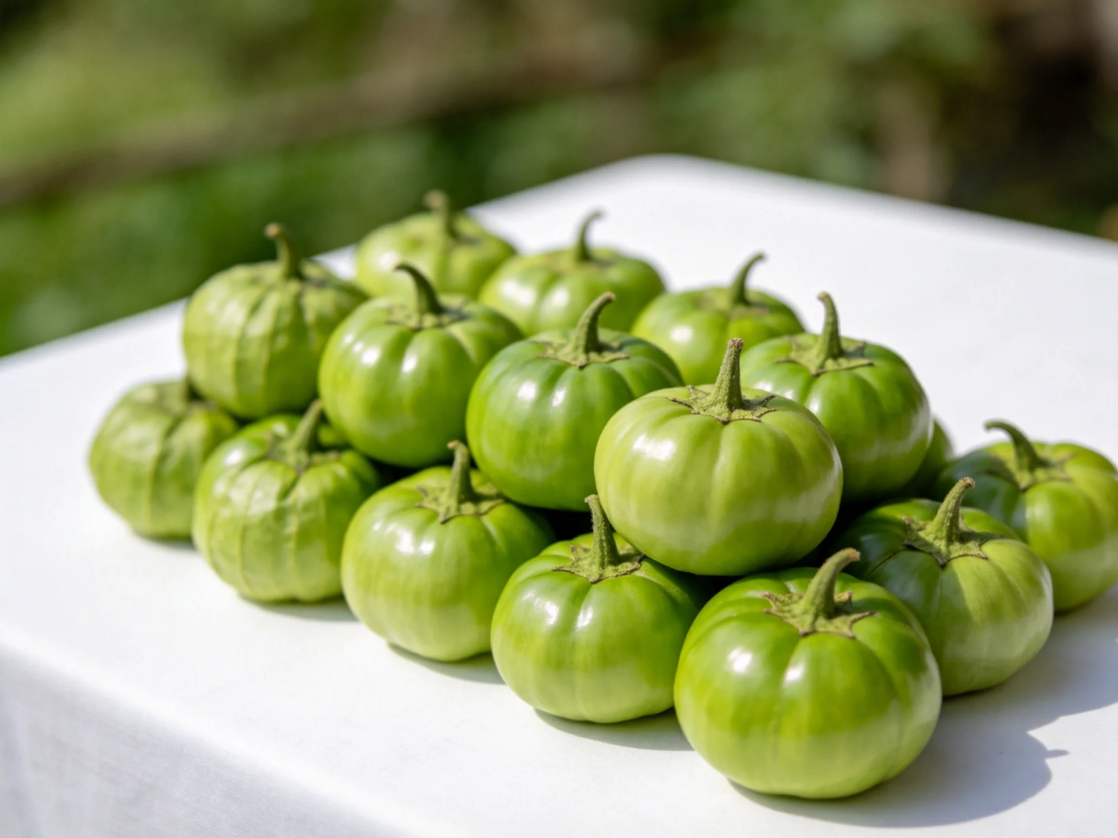 A pile of vibrant green tomatoes arranged on a white table