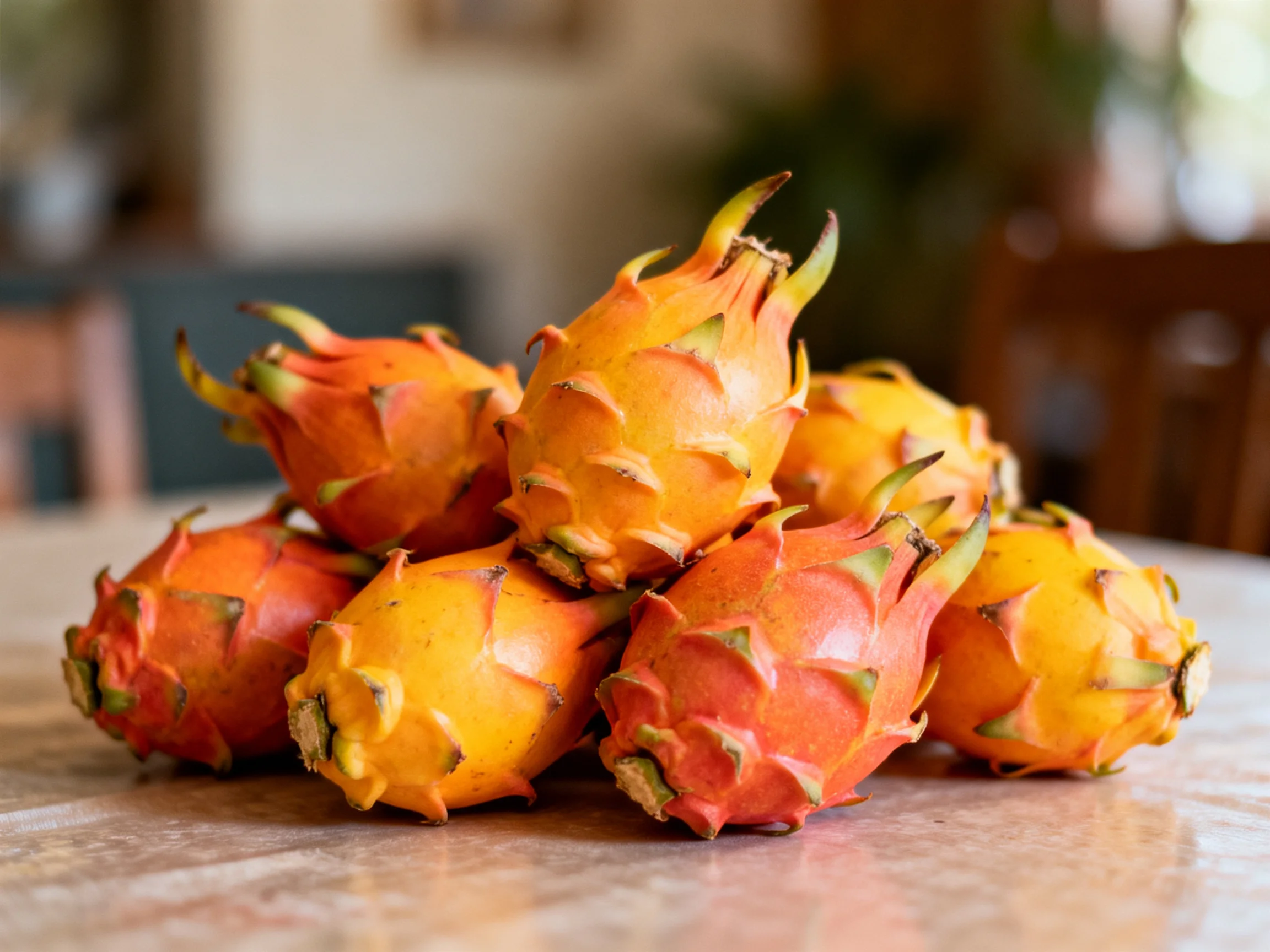 A pile of vibrant orange and yellow dragon fruits stacked on a table