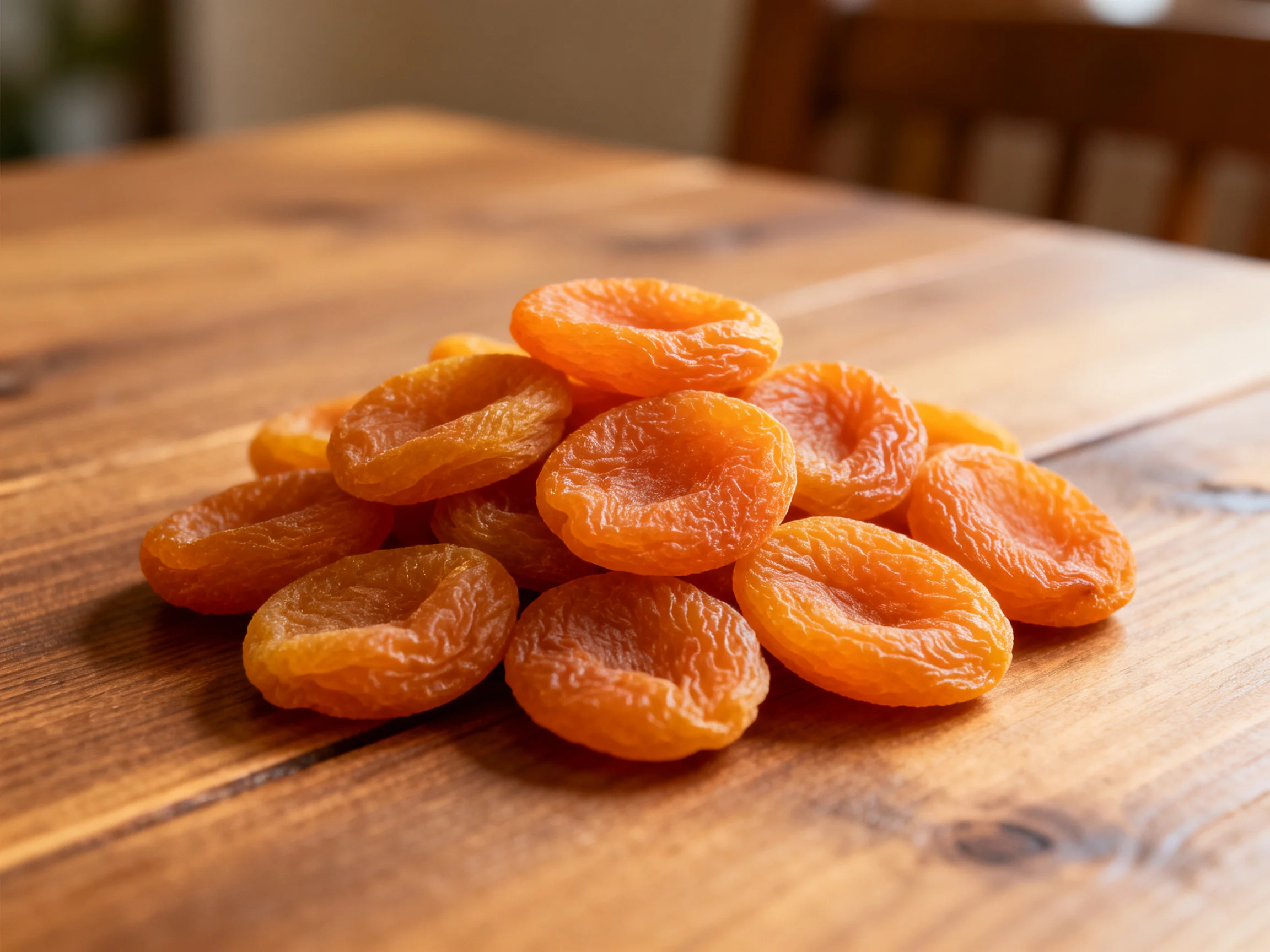 A pile of vibrant orange dried apricots on a polished wooden table