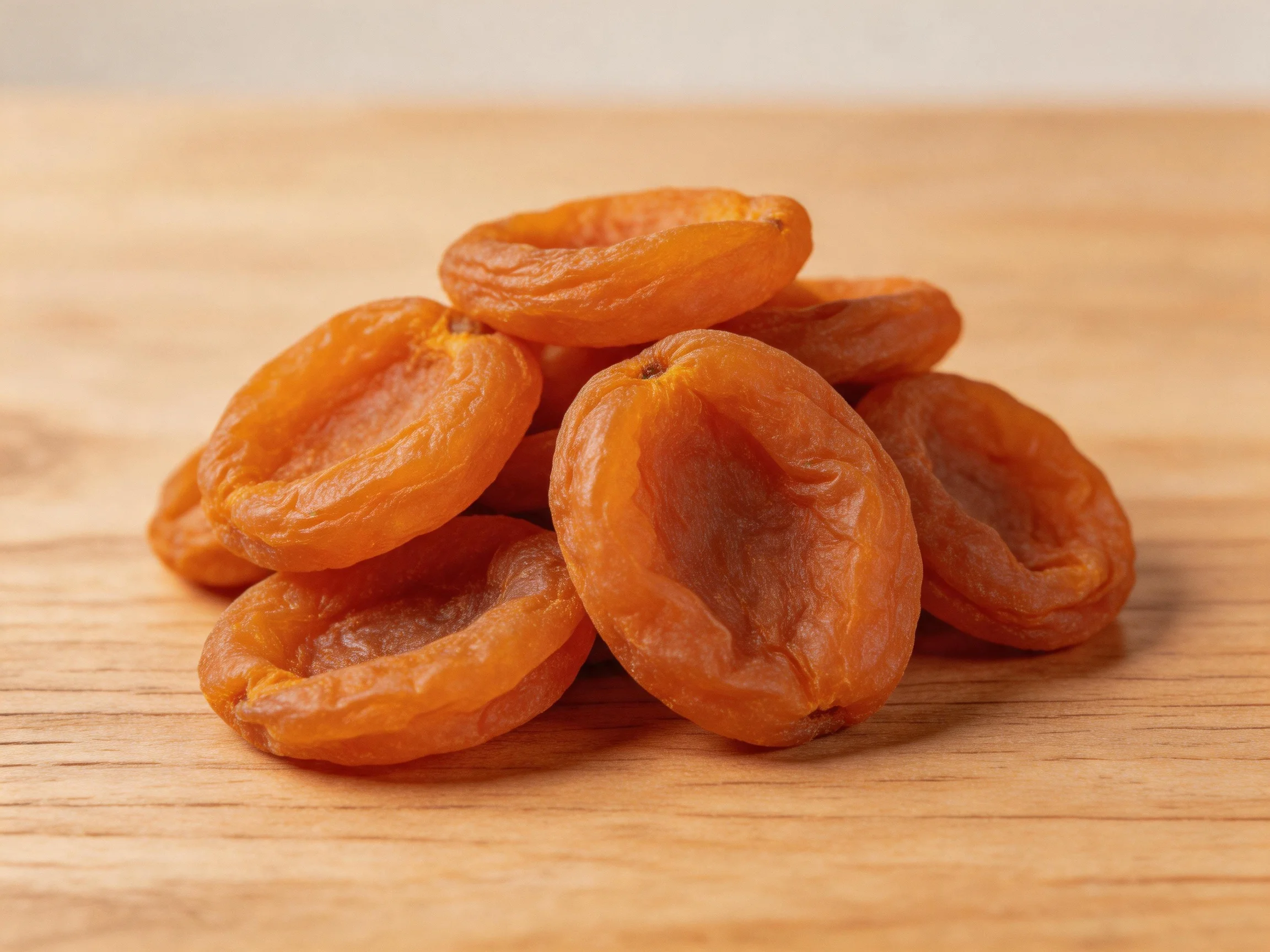 A pile of vibrant orange dried apricots on a wooden surface