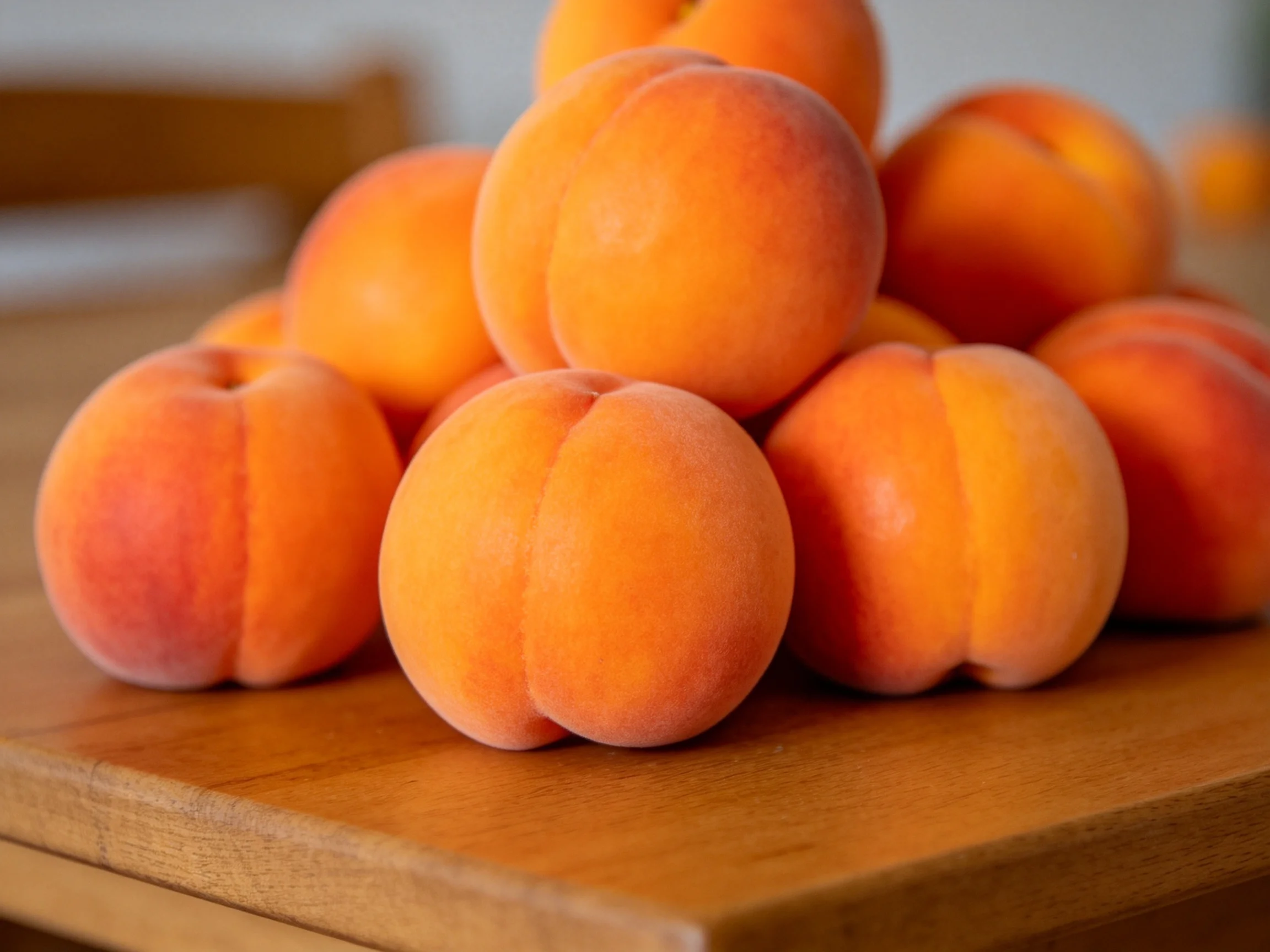 A pile of vibrant orange peaches stacked on a wooden cutting board