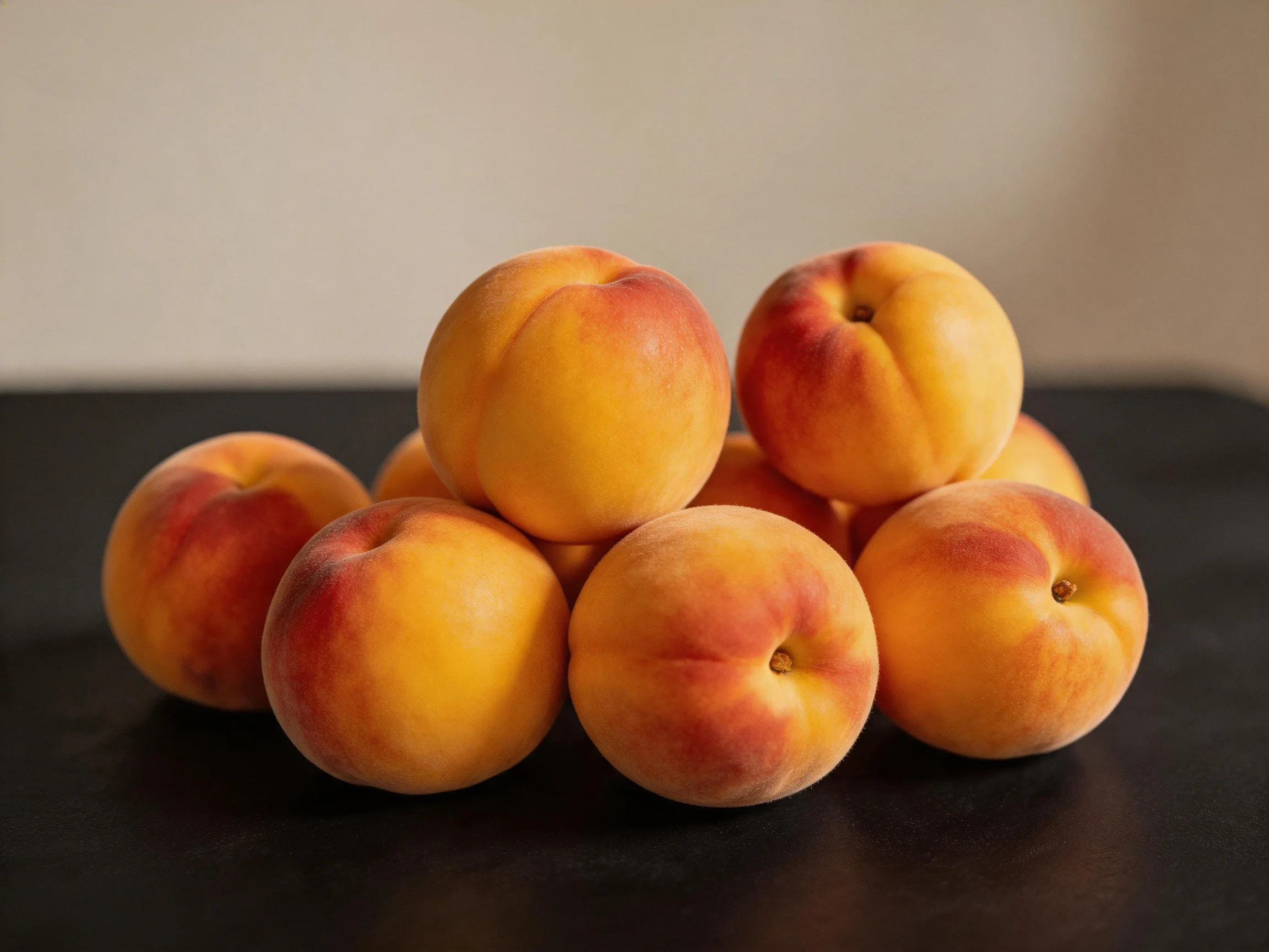 A pile of vibrant orange-red peaches arranged on a dark surface